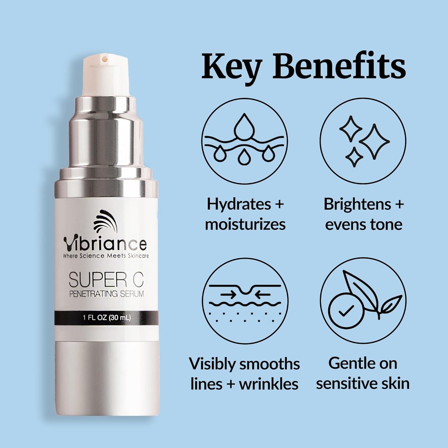 HotVibriance Super C Vitamin C Serum for Mature Skin, 1 fl oz | All-in-One Vitamin C, Hydrates, Firms, Lifts, Smooths, Targets Age Spots, Wrinkles