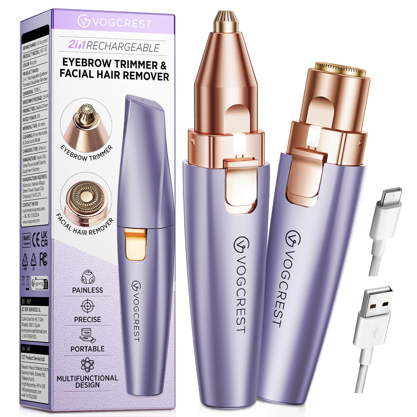 HotVG VOGCREST Eyebrow & Facial Trimmer: 2 in1 Rechargeable Facial Hair Removal & Eyebrow Shaver - Body Razor with Built-in LED Light (Rose Gold)