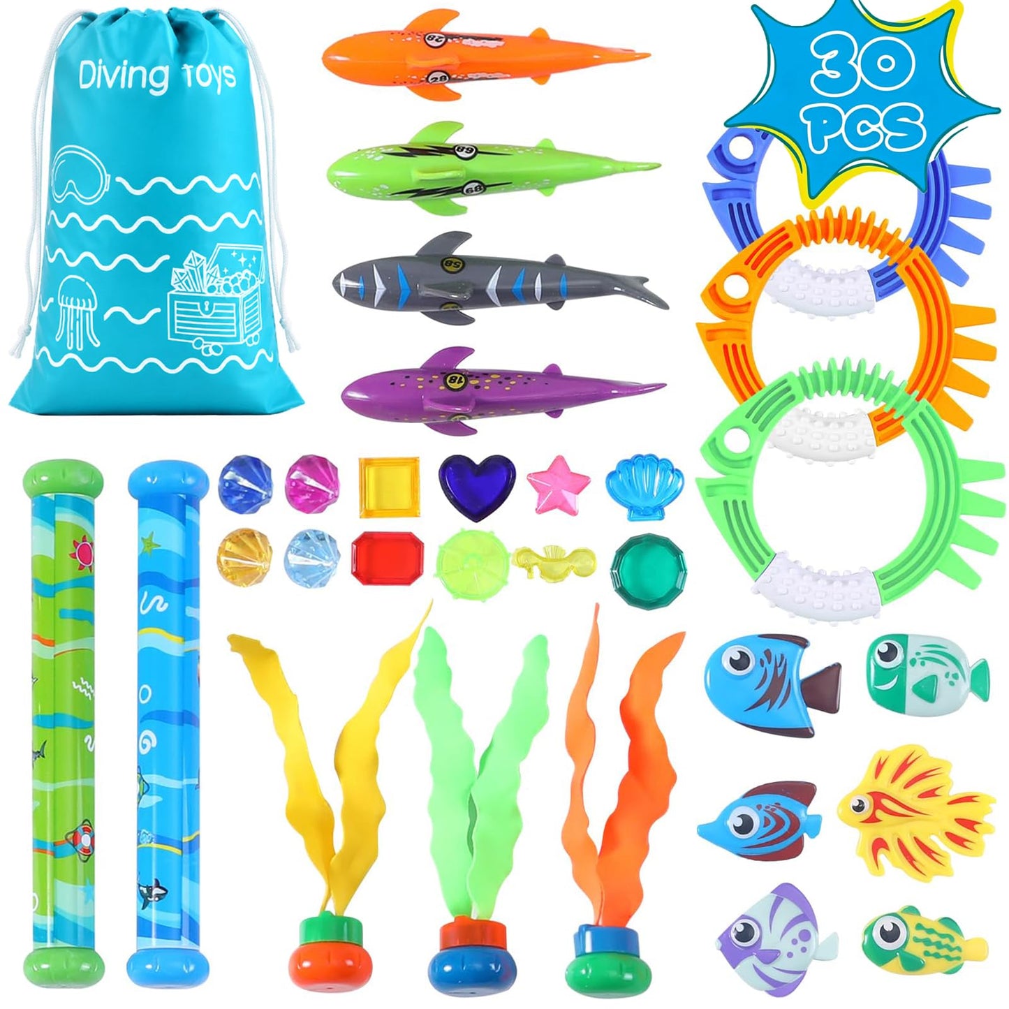 Hot20Pcs Summer Pool Diving Swimming Toys for Kids Ages 3-12, Fun Swim Games Sinking Set, Underwater Dive Gifts with Storage Bag Include Torpedo Gems Shark Rings Sea Animals for Boys Girls