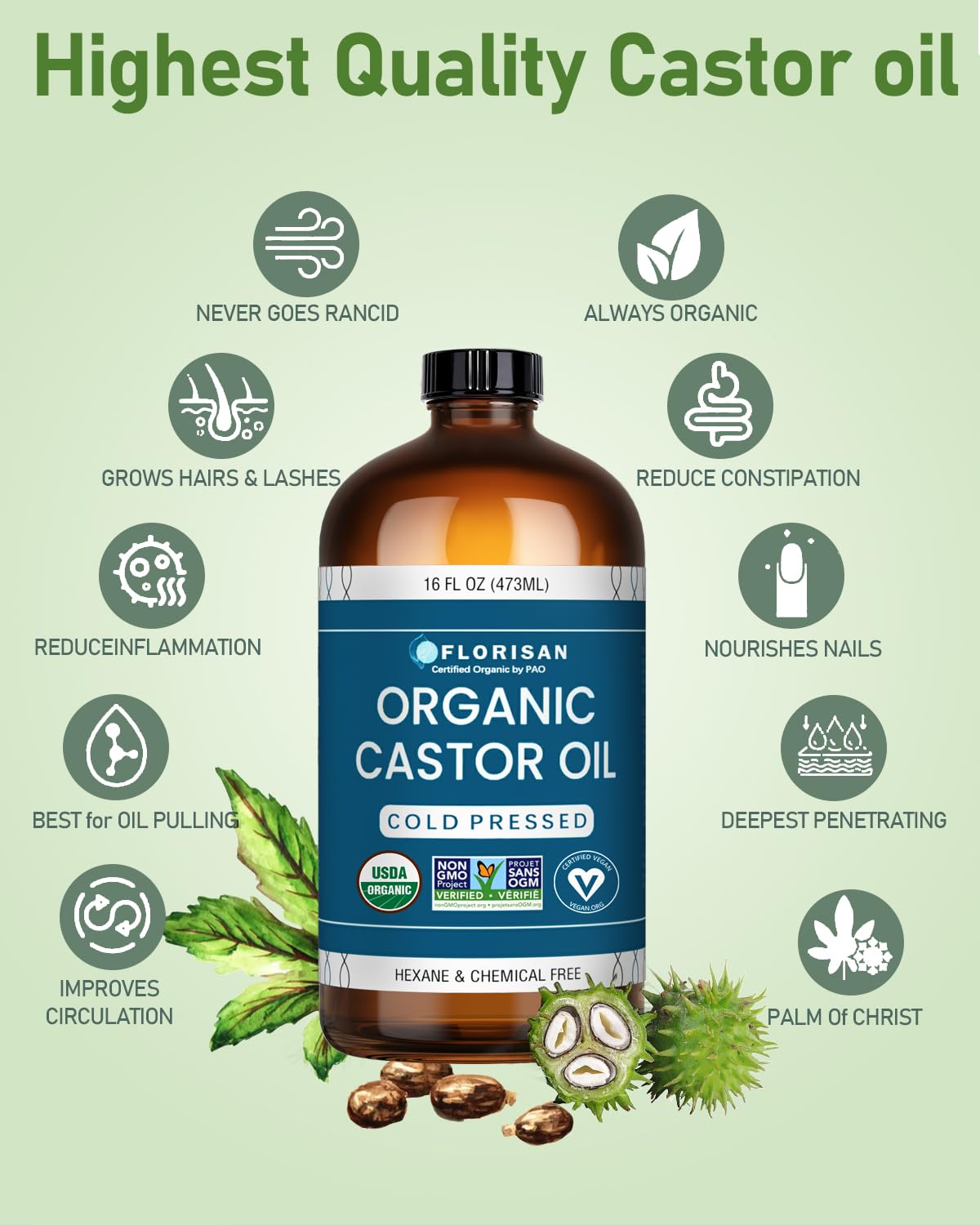 HotFlorisan USDA Certified Organic Castor Oil 16oz Glass Bottle, Cold Pressed, Hexane-Free, Non-GMO, Vegan, 100% Pure Castor Oil for Hair Growth, Skin, Lashes, Eyebrows, EWG Verified