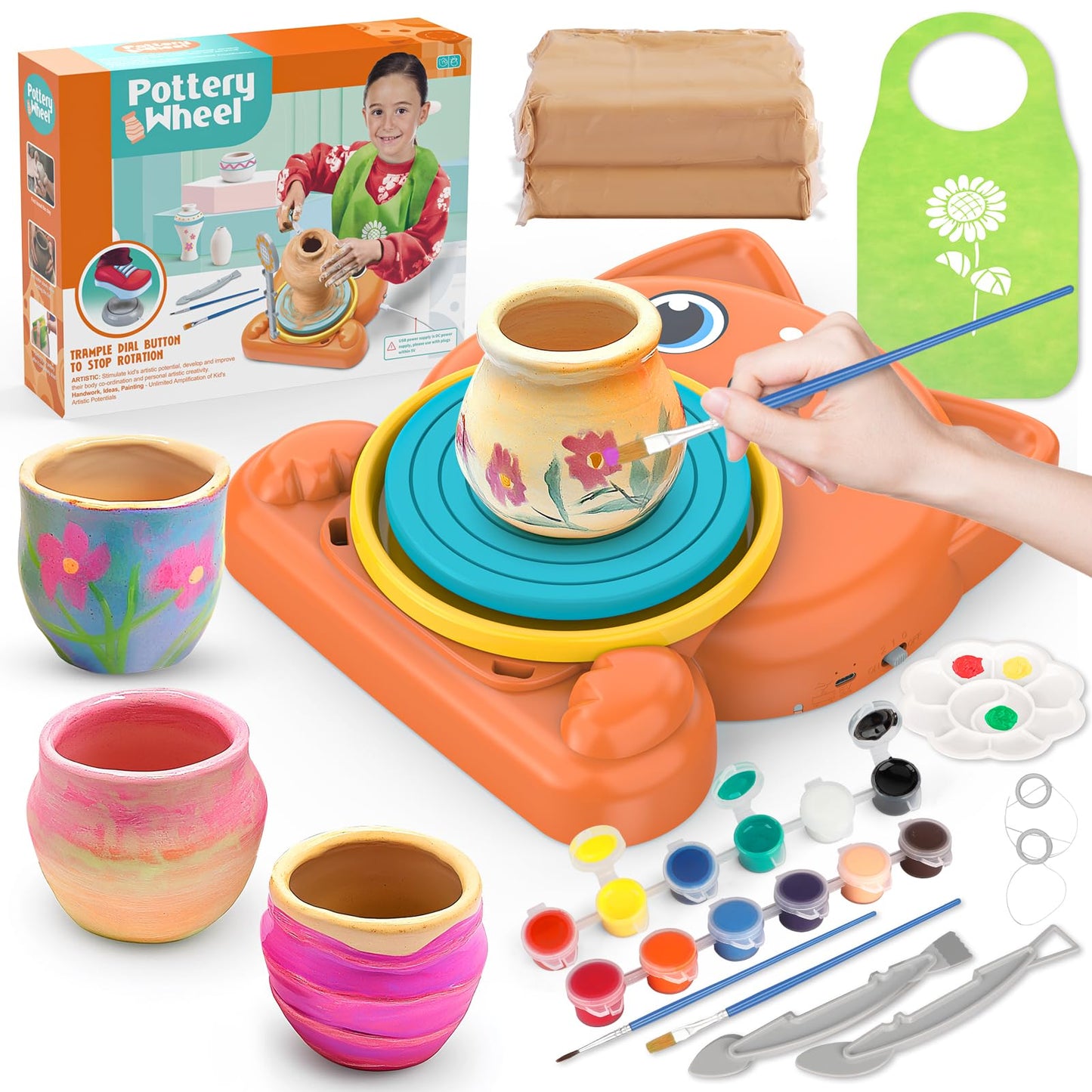 HotAujazyble Pottery Wheel for Kids - Complete Pottery Painting Kit Arts and Crafts for Kids Ages 8-12 with 3 Pack Air Dry Clay Art Supplies Toys for Girls Boy Birthday Gift for 6 7 8 9 10 11 12+