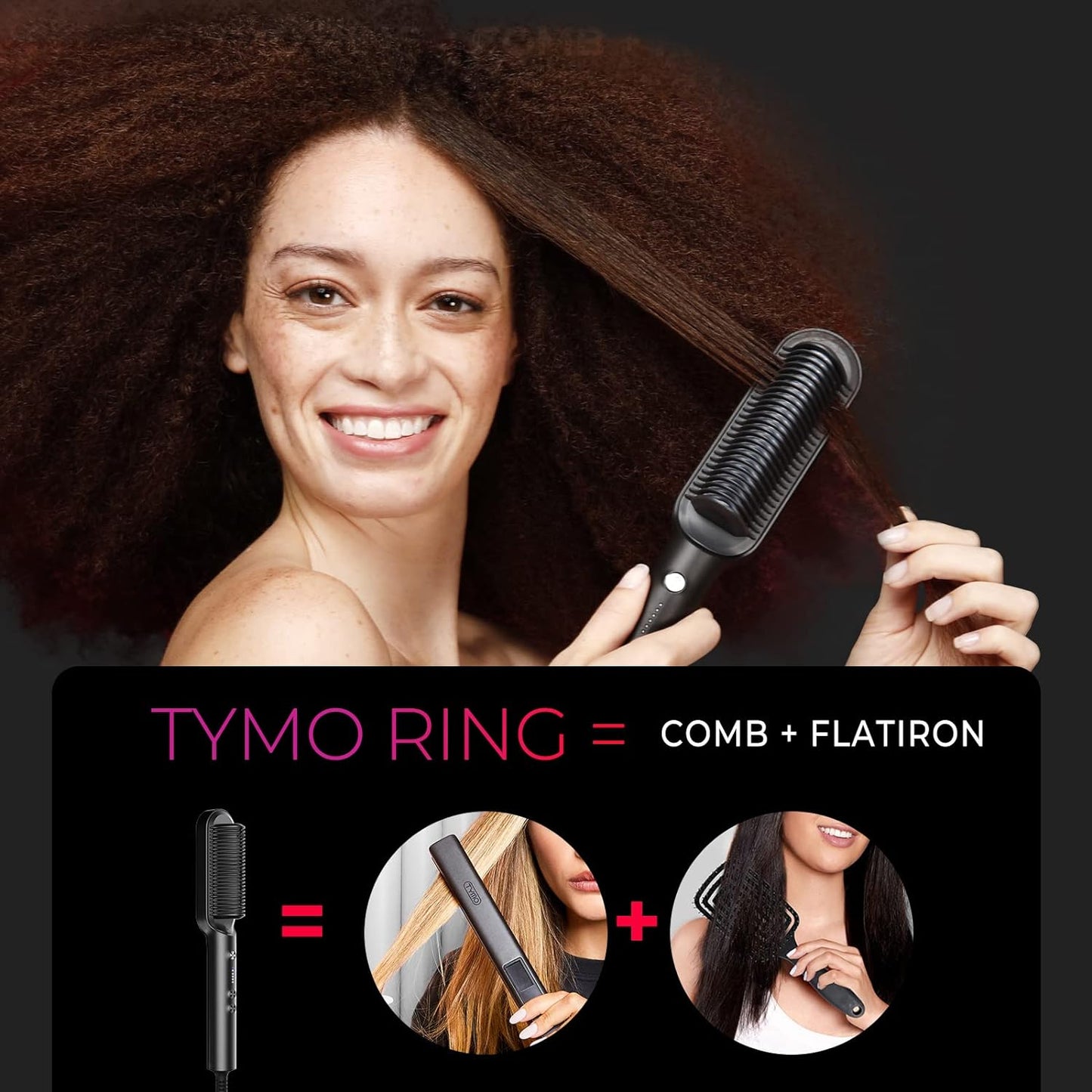 HotHair Straightener Brush, TYMO Ring Hair Straightener Comb Straightening Brush for Women with 5 Temps 20s Fast Heating & Dual Voltage, Black