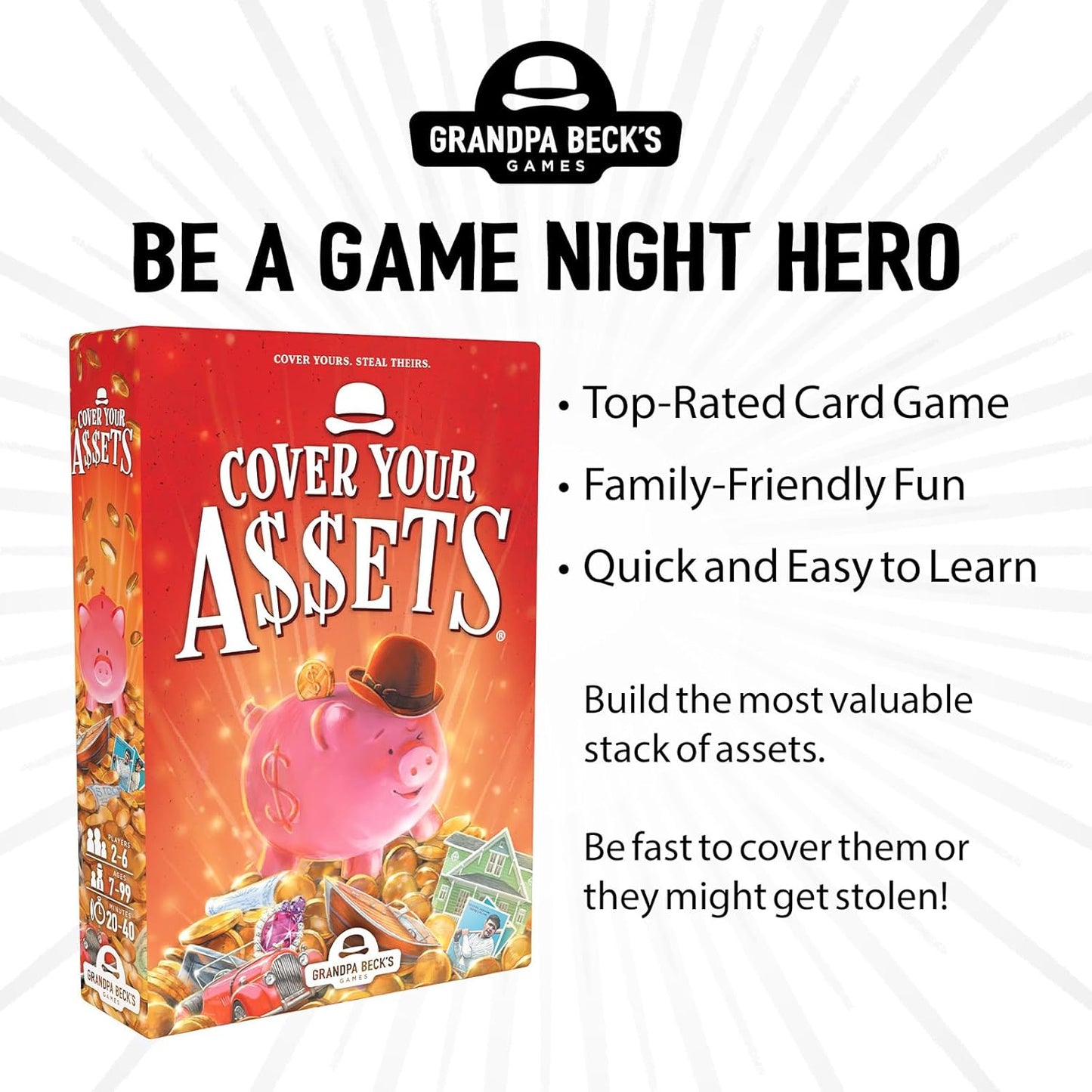 HotGrandpa Beck's Games Cover Your Assets Card Game | from The Creators of Skull King | Easy to Learn and Outrageously Fun for Kids, Teens, & Adults | 2-6 Players Ages 7+