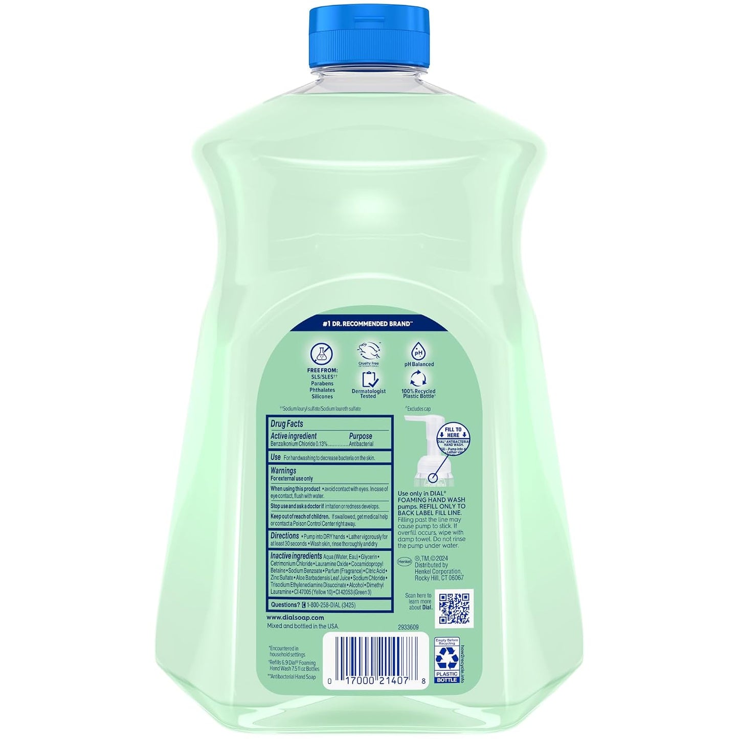 HotDial Antibacterial Defense Foaming Hand Soap + Aloe, Fresh Pear Scent, 52 Fl Oz Hand Soap Refill, Dermatologist-Tested, Gentle on Skin