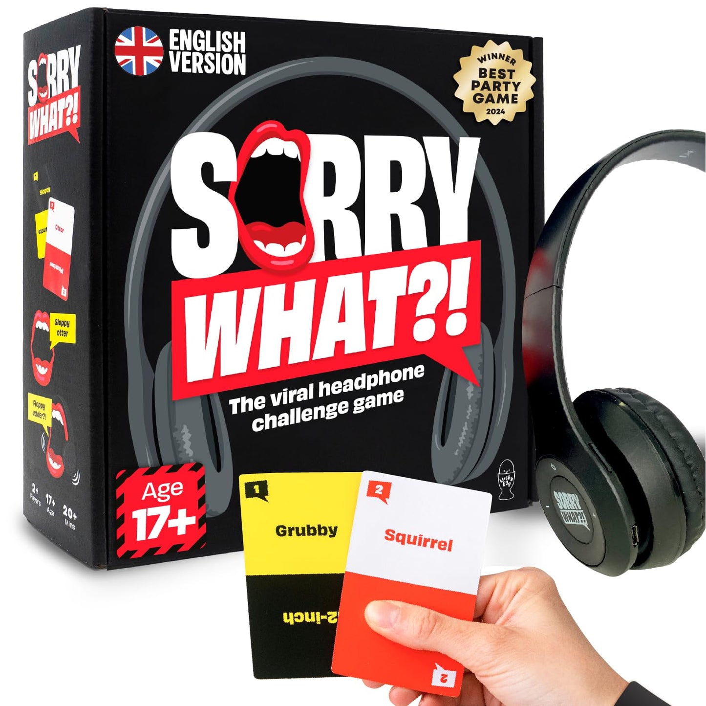 HotLucky Egg Sorry What - Award Winning Lip Reading Friends Party Game Based On The Headphone Challenge TikTok Trend - 2+ Players 40,000 Funny Word Phrase Combinations Card Game for Friends