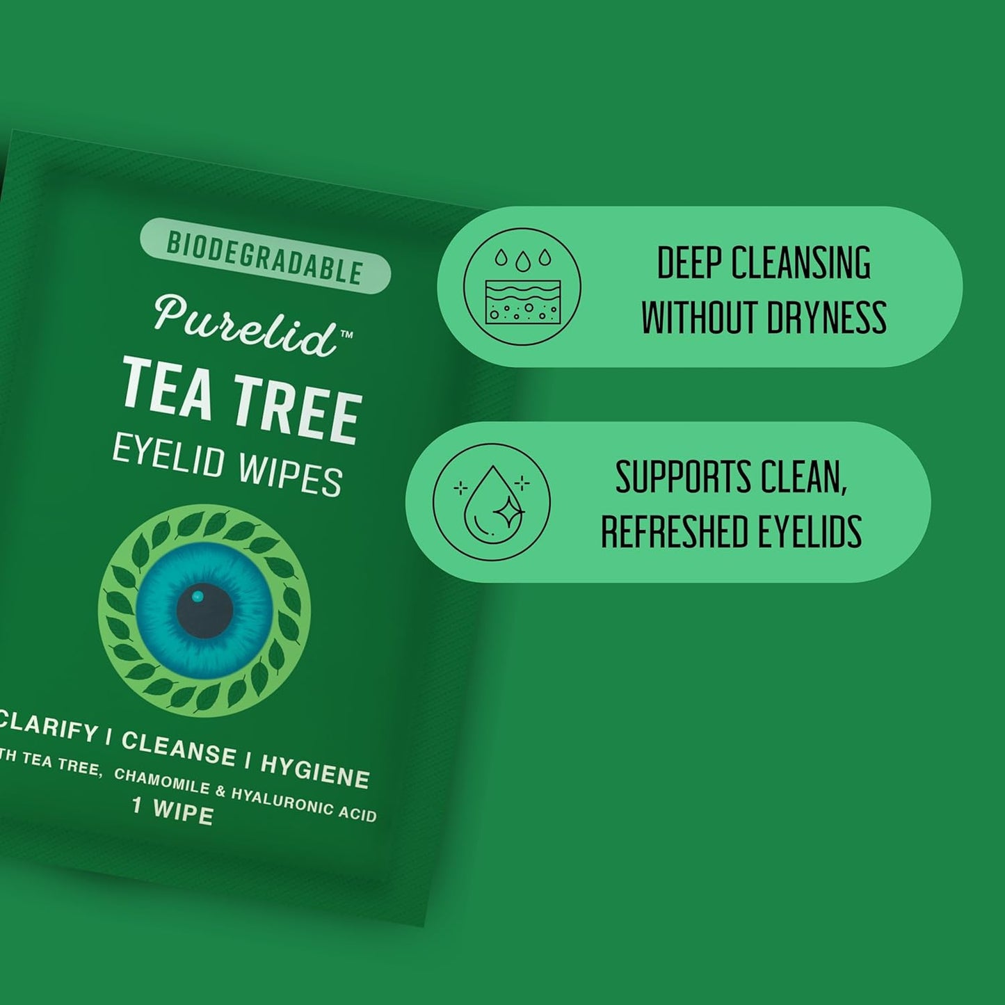 Hot100PCs Tea Tree Eyelid Wipes – Cleaning Eye Wipes for People with Dry Eyes & Allergies – Gentle Eyelid Cleanser with Hyaluronic Acid, Chamomile and Aloe – Individually Wrapped & Biodegradable