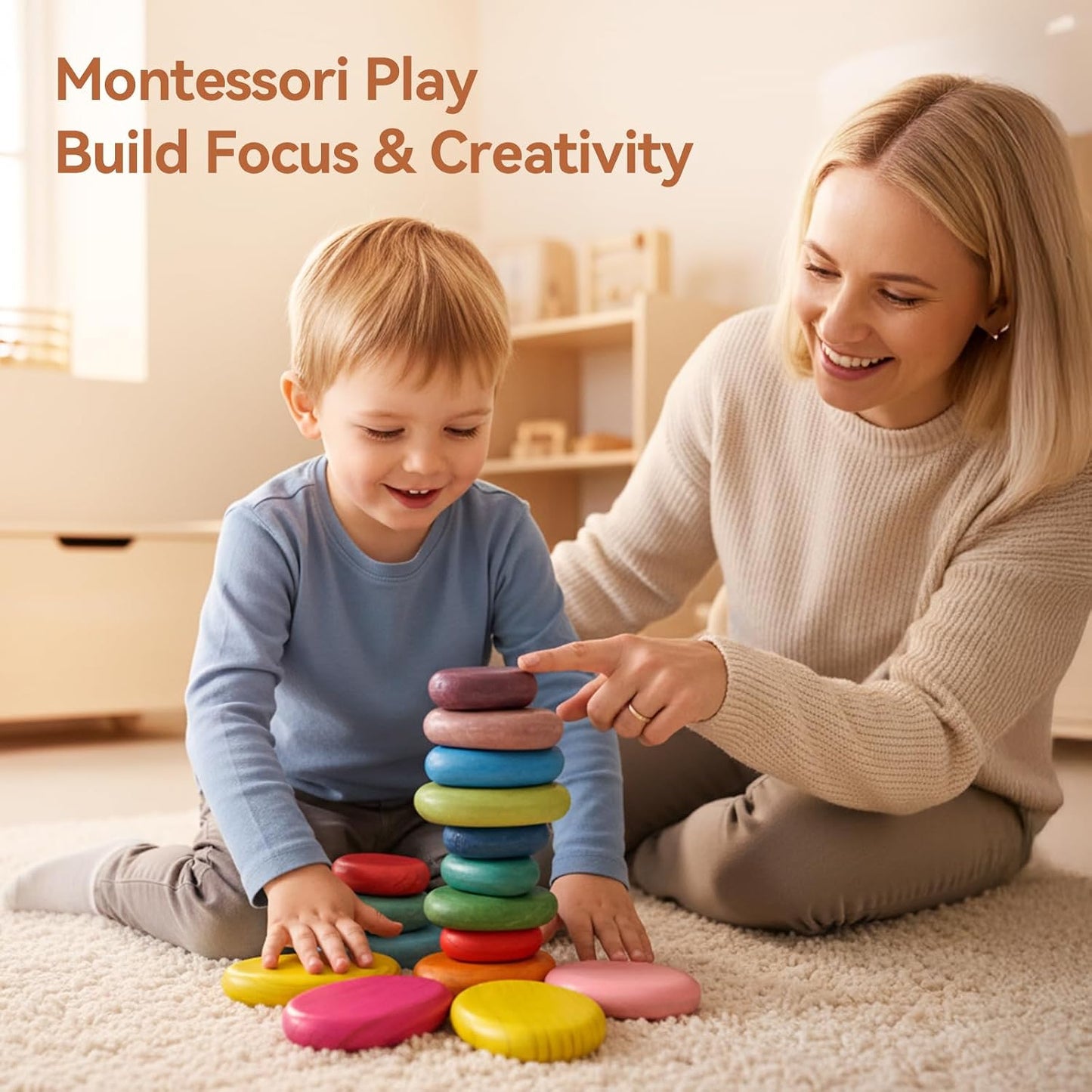 Hot OESSUF Extra-Large Stacking Rocks for Toddlers 1-3, 16 PCS Wooden Montessori Toys, Safe Smooth Jumbo Balancing Stones for Open-Ended Sensory Play, STEM Building Blocks for Boys & Girls