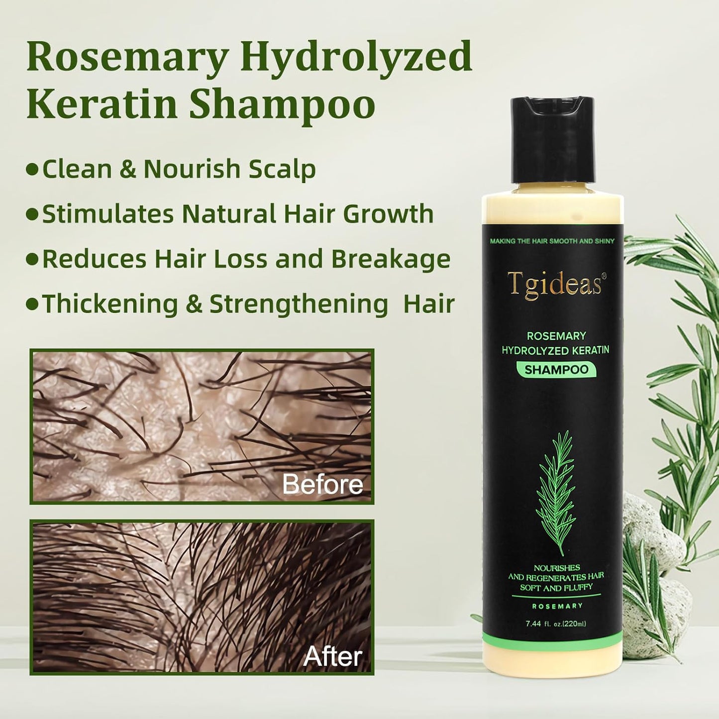 HotTgideas Rosemary & Biotin Shampoo for Thinning Hair, Volumizing Shampoo for Fuller, Thicker Hair, Strengthening & Nourishing Formula with Root Lift, Gentle Daily Care for Women & Men (7.4 fl oz)