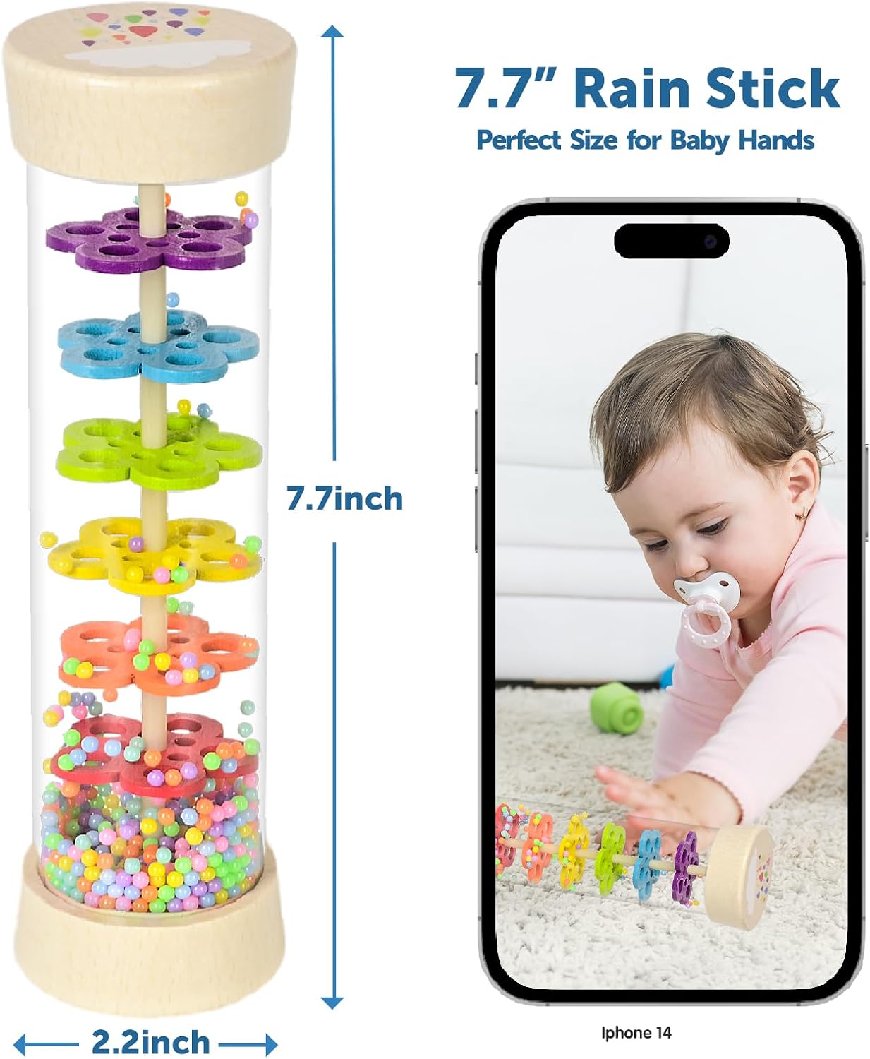 Hot Rain Stick Montessori Baby Toys for 6-12 Months 1 Year Old, Wooden Rainmaker Infant Musical Sensory Toy, Baby Shower Gift for Newborn Toddler Boys Girls, 7.7"