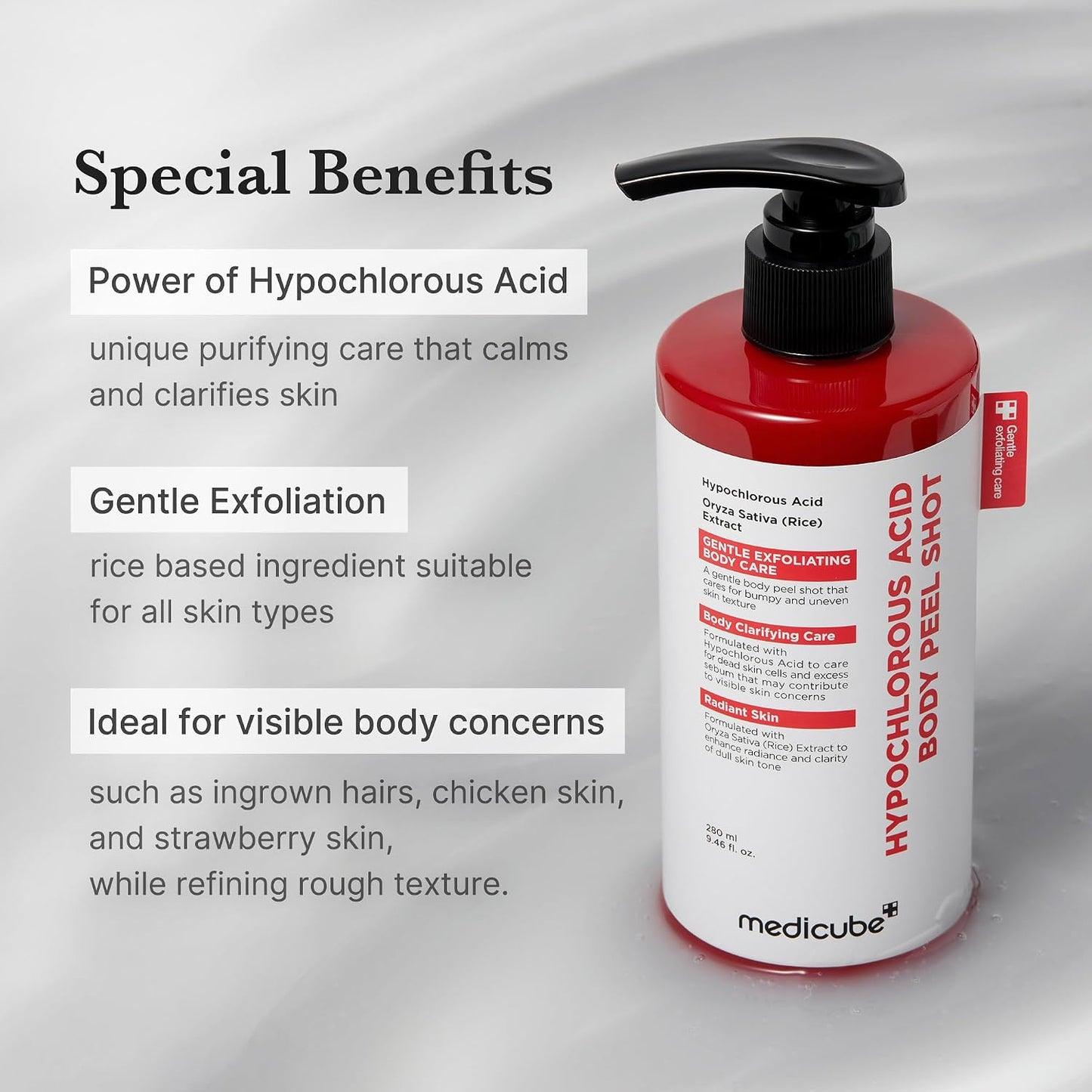 Hotmedicube Body Peel Shot with Hypochlorous Acid | Gentle Body Exfoliating for Dead Skin Cells & Uneven Texture - Rice Extract, Panthenol for Hydrating & Smoothing, 9.46 fl.oz