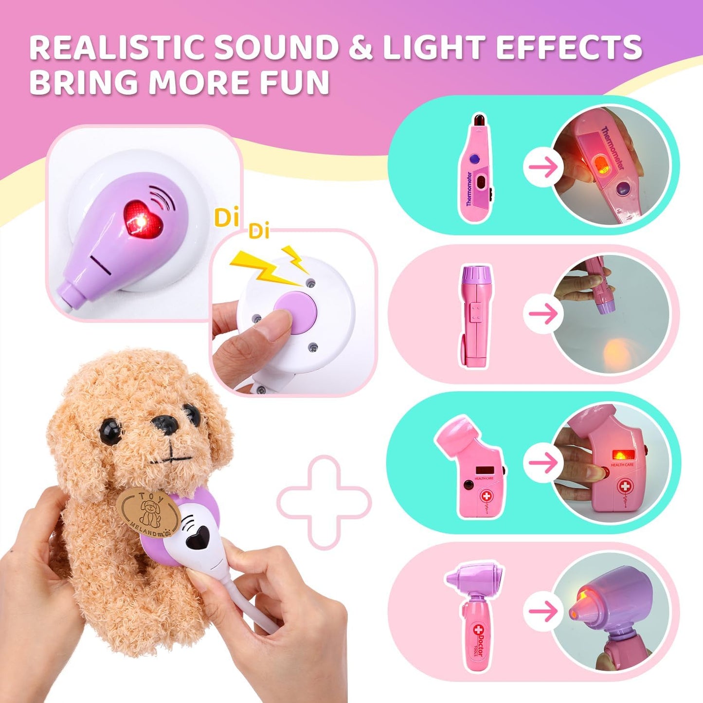 HotMeland Toy Doctor Kit for Girls, Pretend Play Toy Doctor Set with Dog , Carrying Bag, Stethoscope & Dress Up Costume Gift for Kids Toddlers Ages 3 4 5 6 Year Old for Role Play