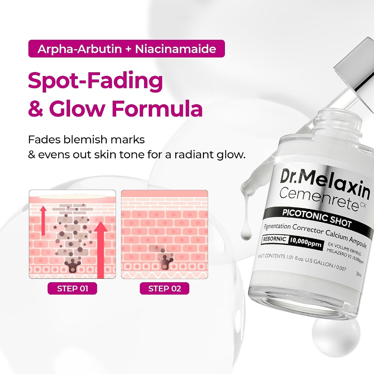 HotDr.Melaxin Picotonic Shot Serum 1.01 fl.oz - Alpha-Arbutin and Niacinamide Dark Spot Corrector Serum, Pigmentation Corrector for Uneven Skin Tone, Blemish Marks, K-Beauty Face Serum