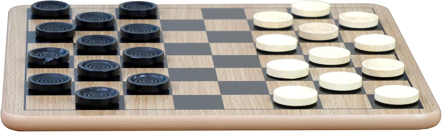 HotRegal Games - Reversible Wooden Board for Chess, Checkers & Tic-Tac-Toe - 24 Interlocking Wooden Checkers and 32 Standard Chess Pieces - for Age 8 to Adult for Family Fun