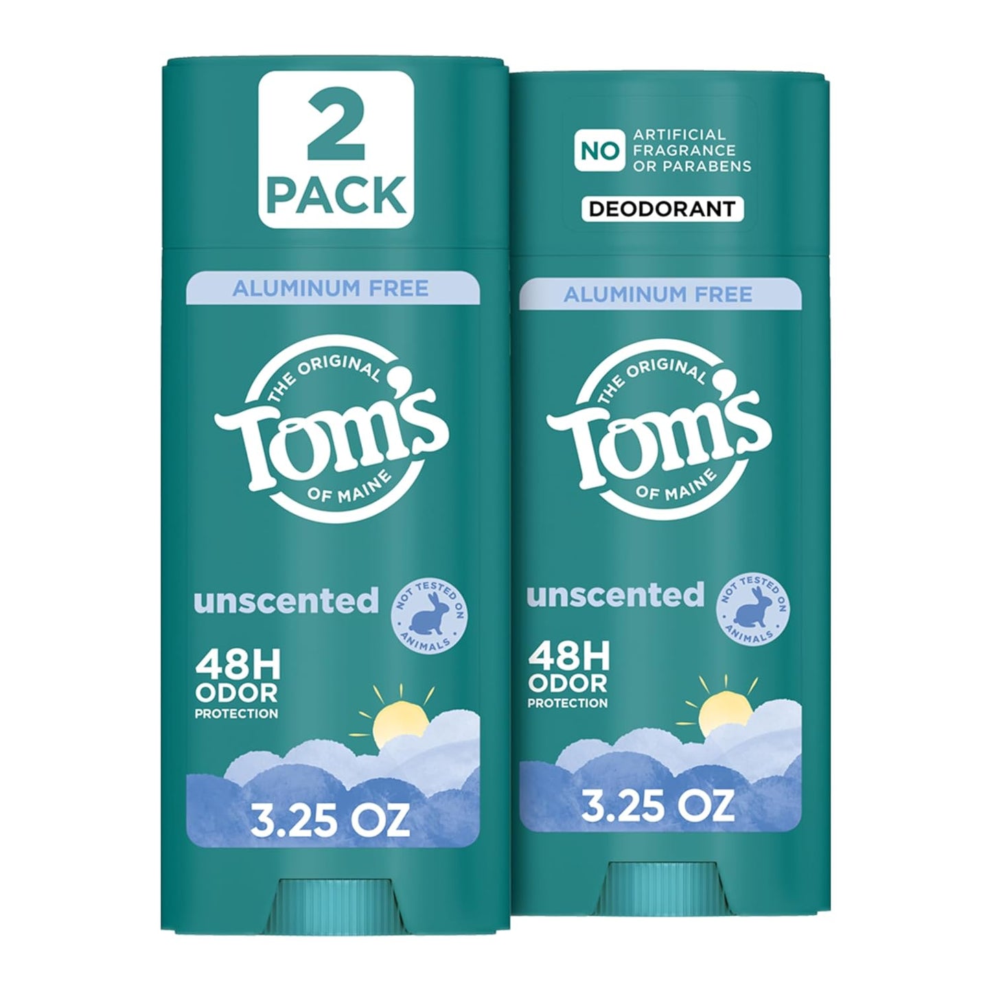 HotTom’s of Maine Unscented Natural Deodorant, Aluminum Free, Clear Application, Odor & Wetness Protection, Naturally Derived Ingredients, 3.25 oz (2 Pack)