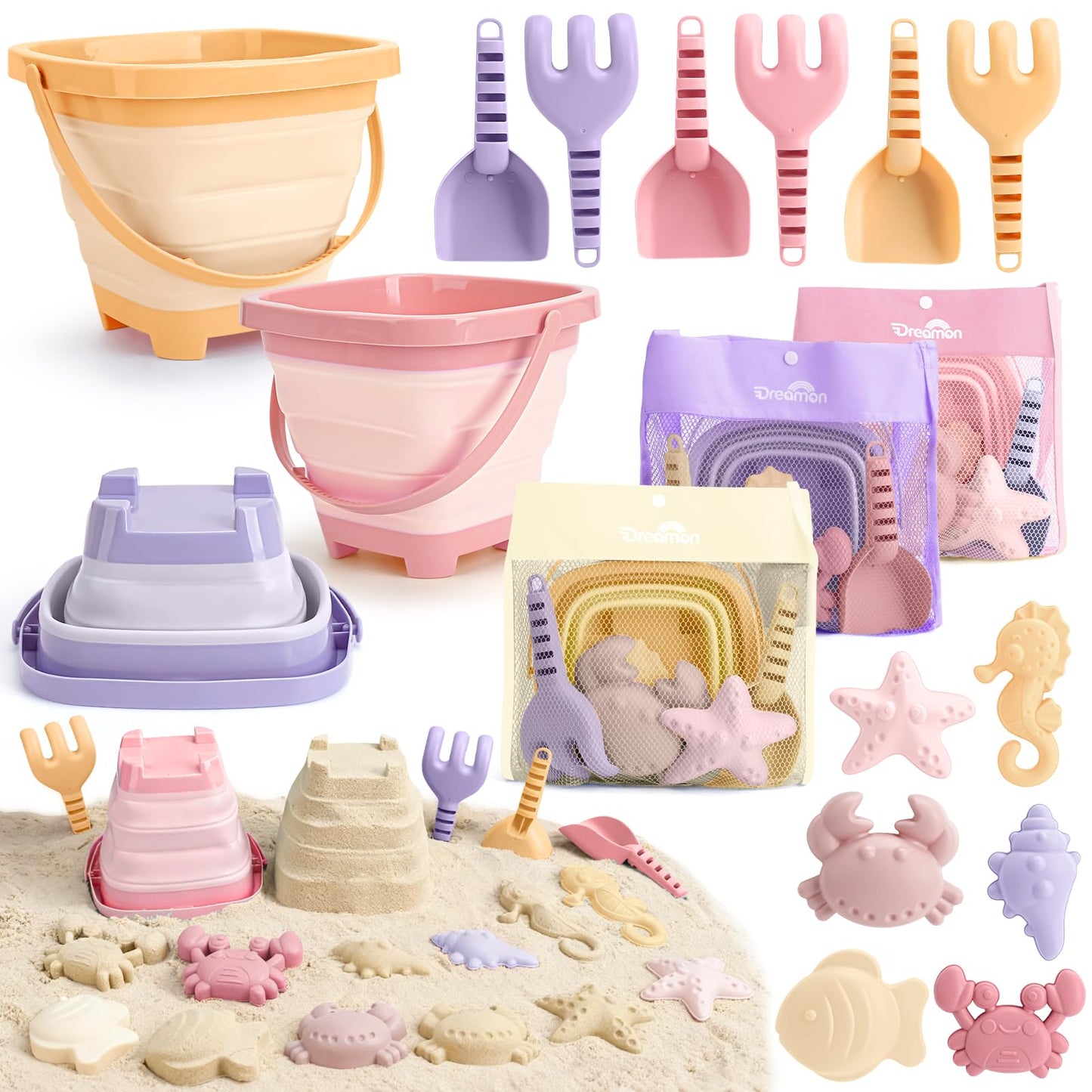 HotDreamon Beach Toys Set for Kids 3-10, Collapsible Sand Buckets with Beach Molds and Mesh Bag, 3 Pack Shovels Set Sand Toys for Beach, Sandbox Travel Toys for Toddlers Kids