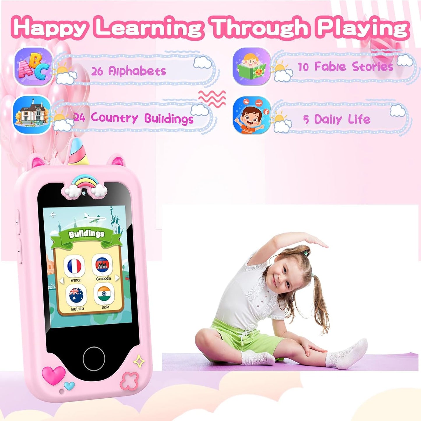 Hot Kids Smart Phone with Dual Camera, Game & Music Player, Toddler Learning Play Toy Cell Phone, Gifts for Girls, Christmas, Birthday, Age 3-10, Light Pink