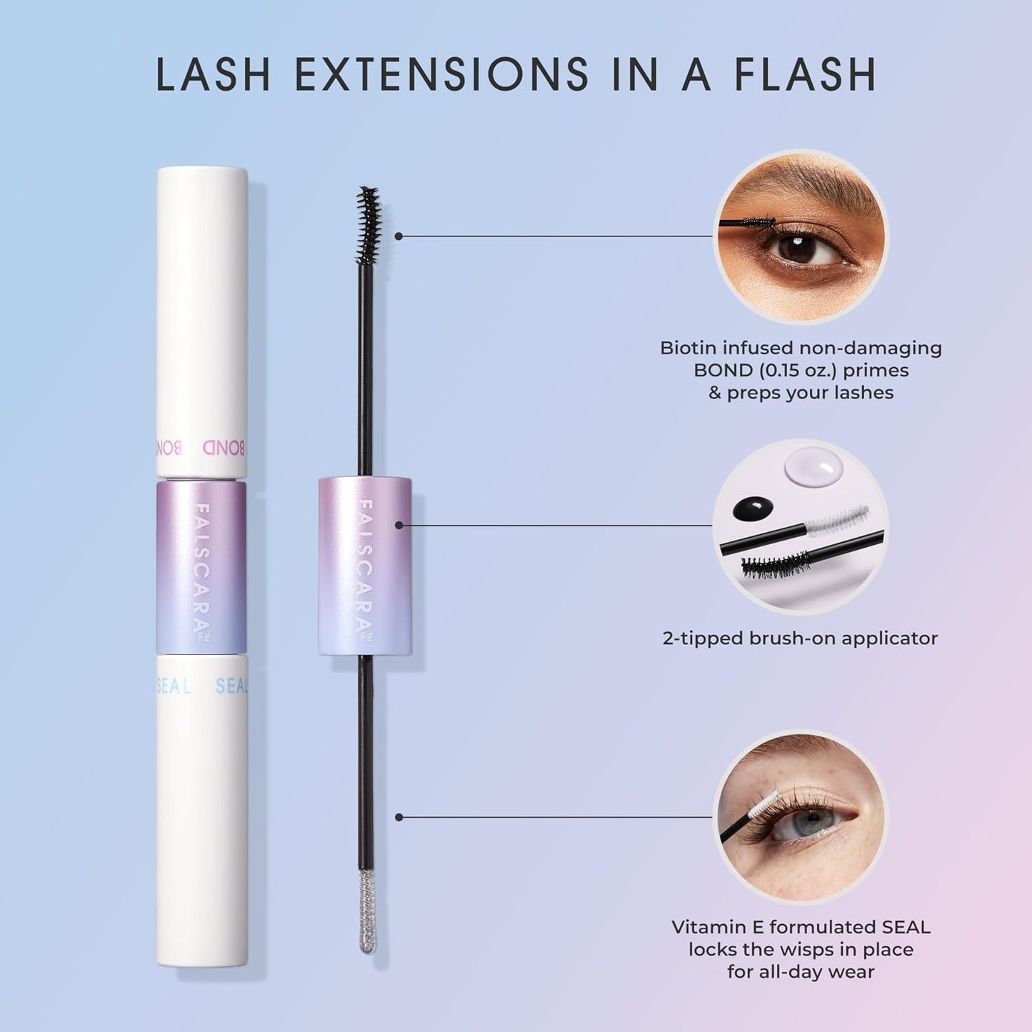 HotKISS Falscara DIY Eyelash Extension Bond & Seal Infused with Biotin & Vitamin E – Strong Gentle Comfortable Lash Adhesive for All Day Wear For Use With Falscara Lash Wisps, Remover, and Applicator