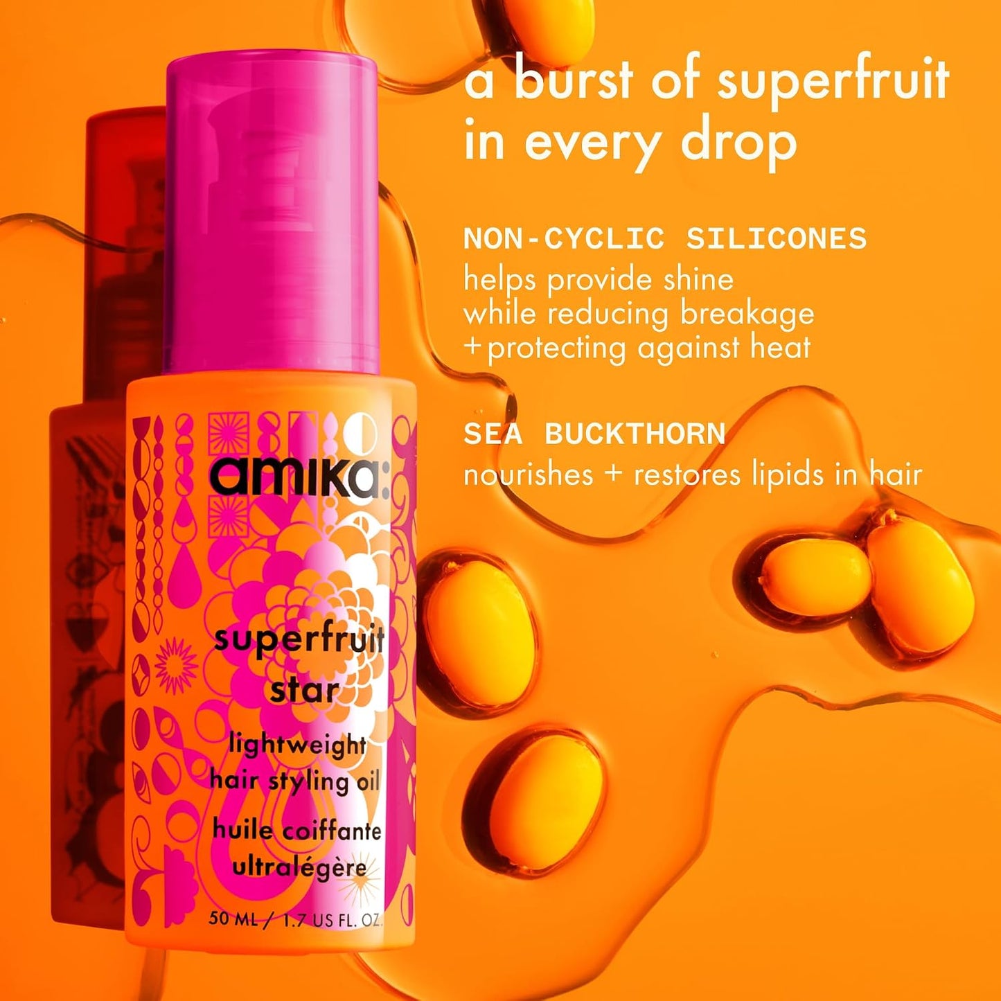 Hotamika superfruit star lightweight hair styling + heat defense oil | heat protection, strengthen + reduce breakage, smooth frizz, add glossy shine | for all hair types