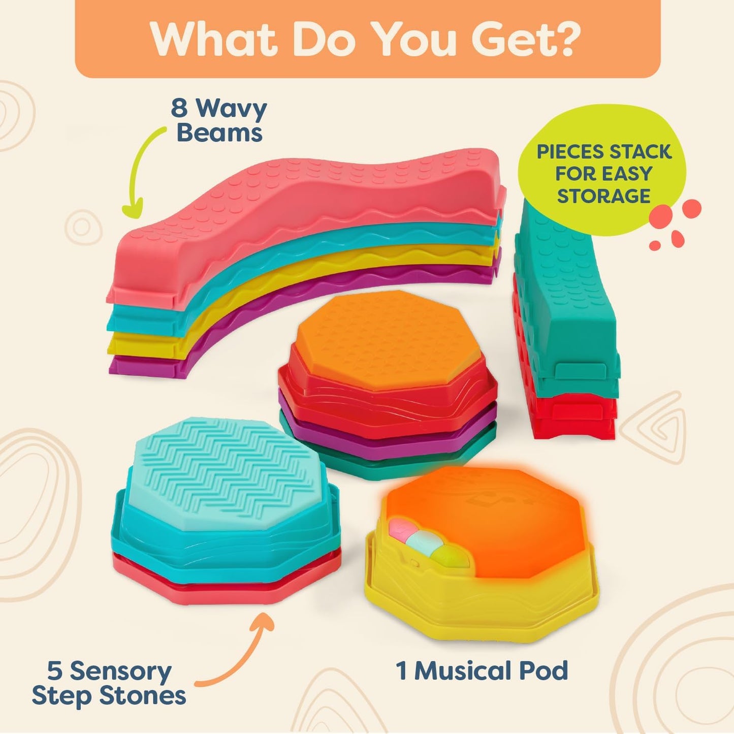 HotB. toys Balance Beam Set, Musical Wavy Beams & Sensory Stones, Summer | Balance & Groove Set with 8 wavy beams, 5 sensory stones, and 1 musical stepping stone for indoor or outdoor play, 3+ Years