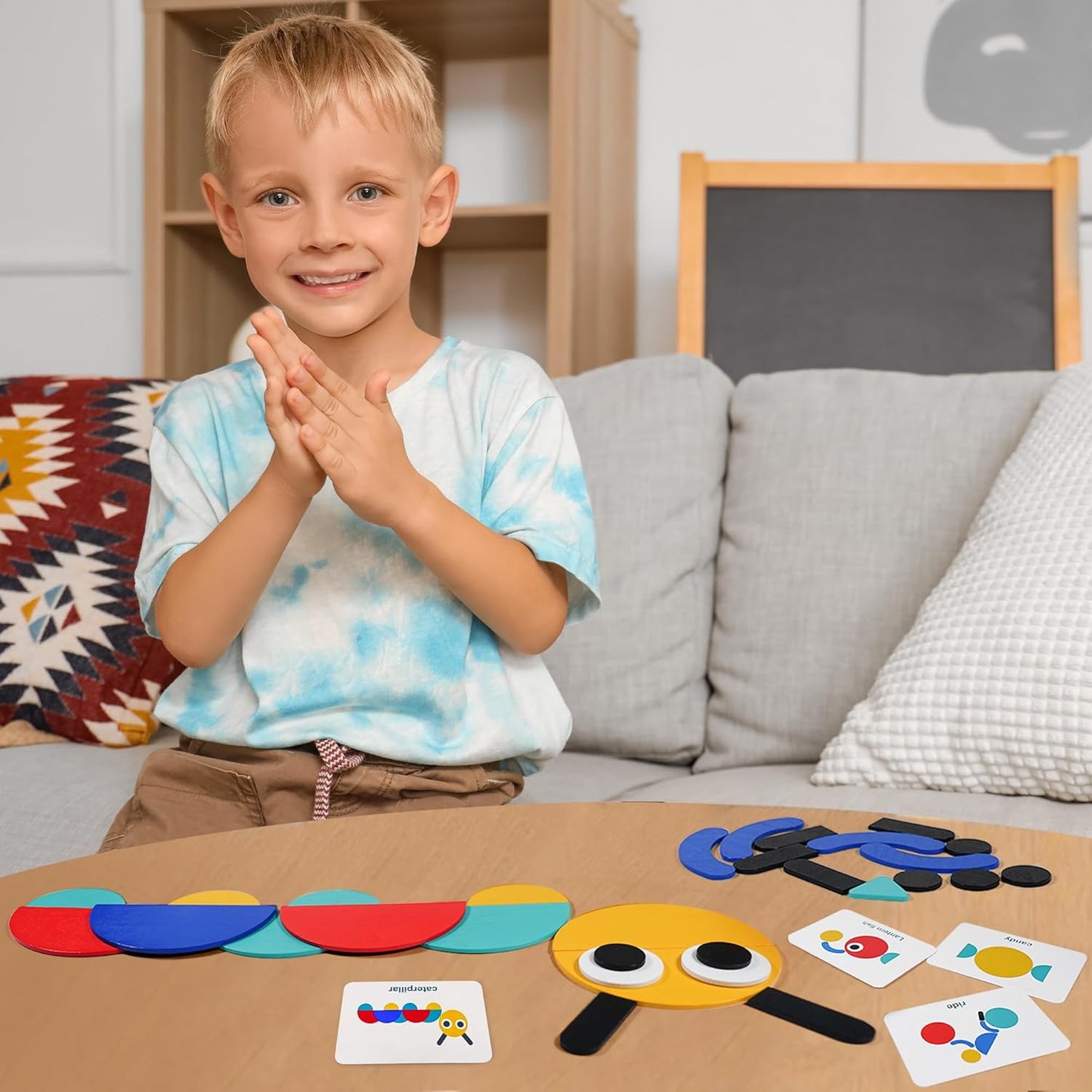 HotLiKee Wooden Shape Puzzle, 36 Blocks & 60 Cards, Montessori Toy for Kids 3+