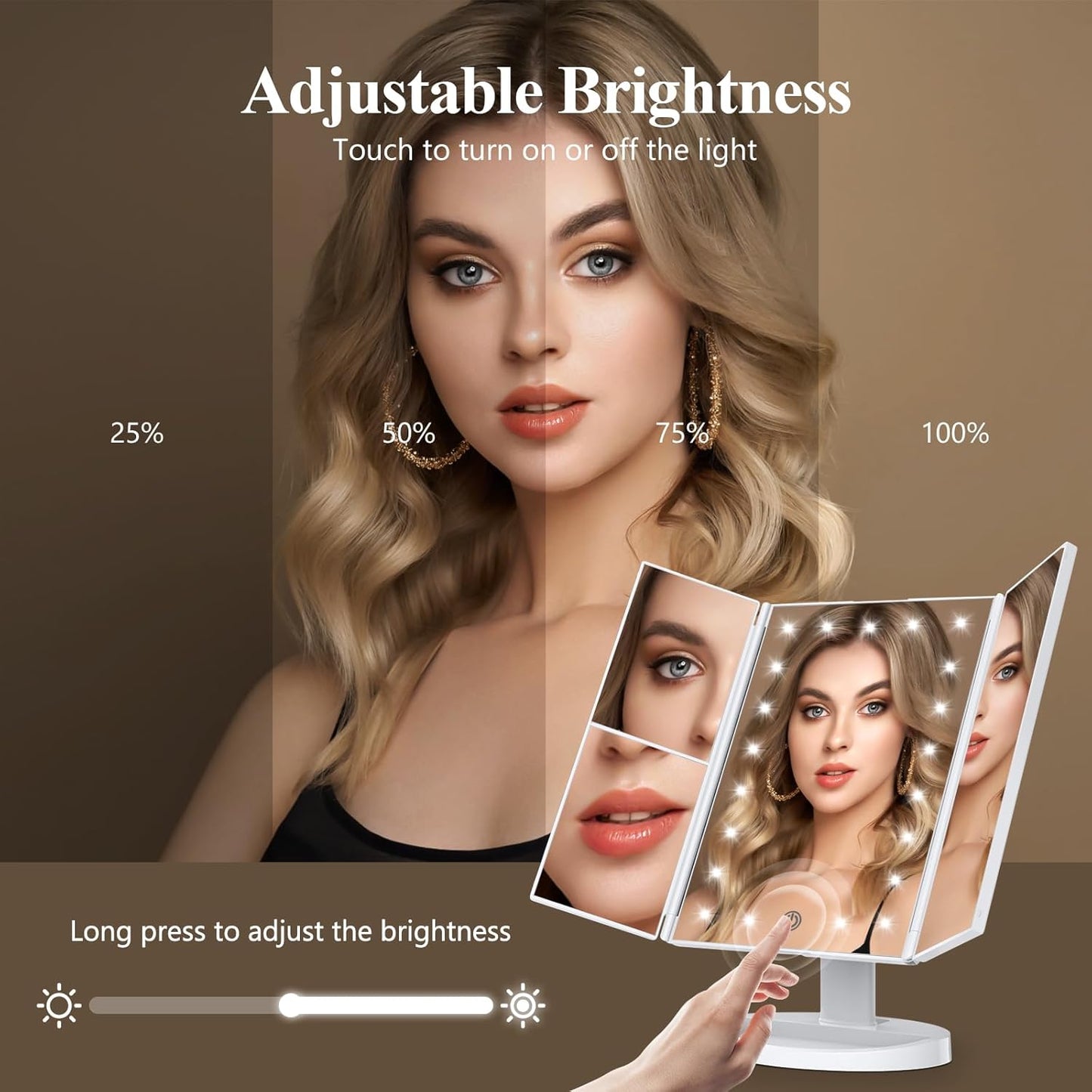 HotHUONUL Makeup Mirror, Vanity Mirror with Lights, 2X/3X/10X Magnification, Touch Control, Trifold, Dual Power Supply, Birthday Gifts for Women, Wife, Mom, Girls,Dorm Room Essentials