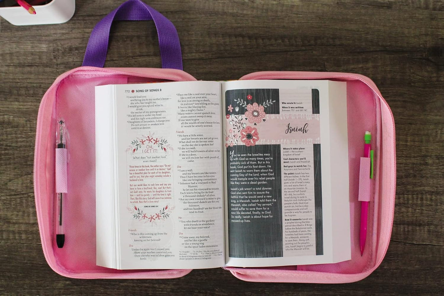 Hot Butterfly Bible Cover for Girls, Bible Organizer, Zippered, with Handle, Canvas, Pink/Purple, Medium
