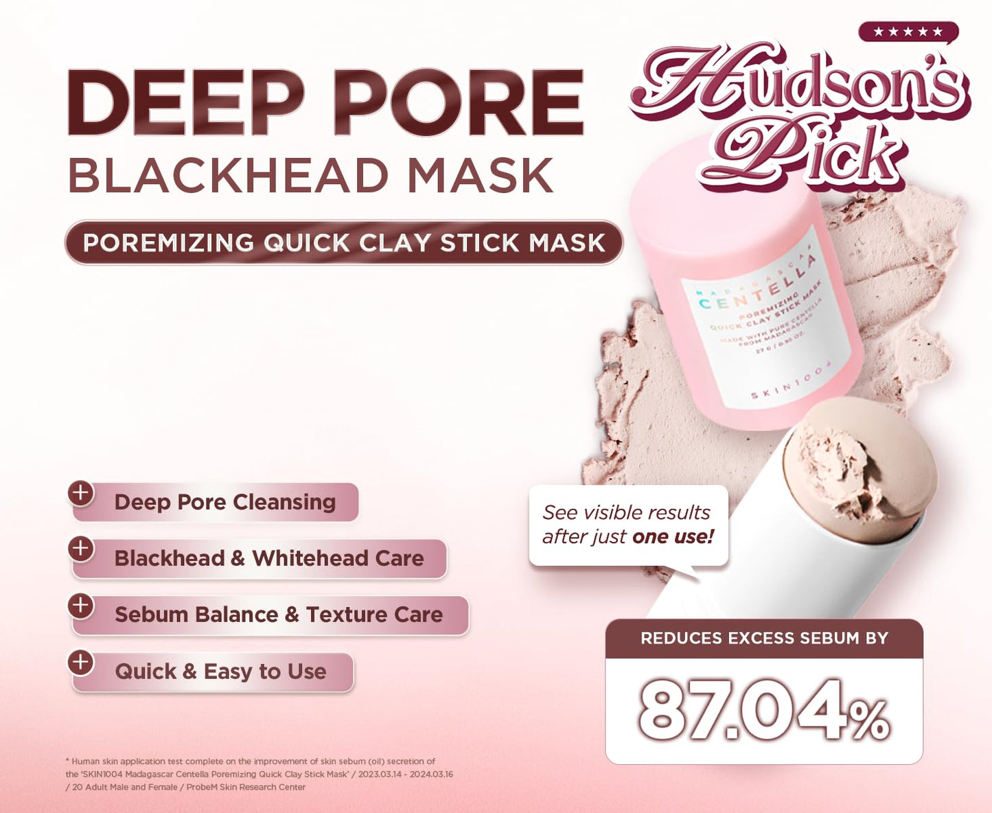 HotSKIN1004 [Hudson's Pick] Poremizing Quick Clay Stick Mask, Facial Clay Mask for Pores, Centella Clay Stick for Pore Minimizing, Pink Pore Mud Mask for Sebum Balance, Korean Skin Care, 0.95 oz / 27g