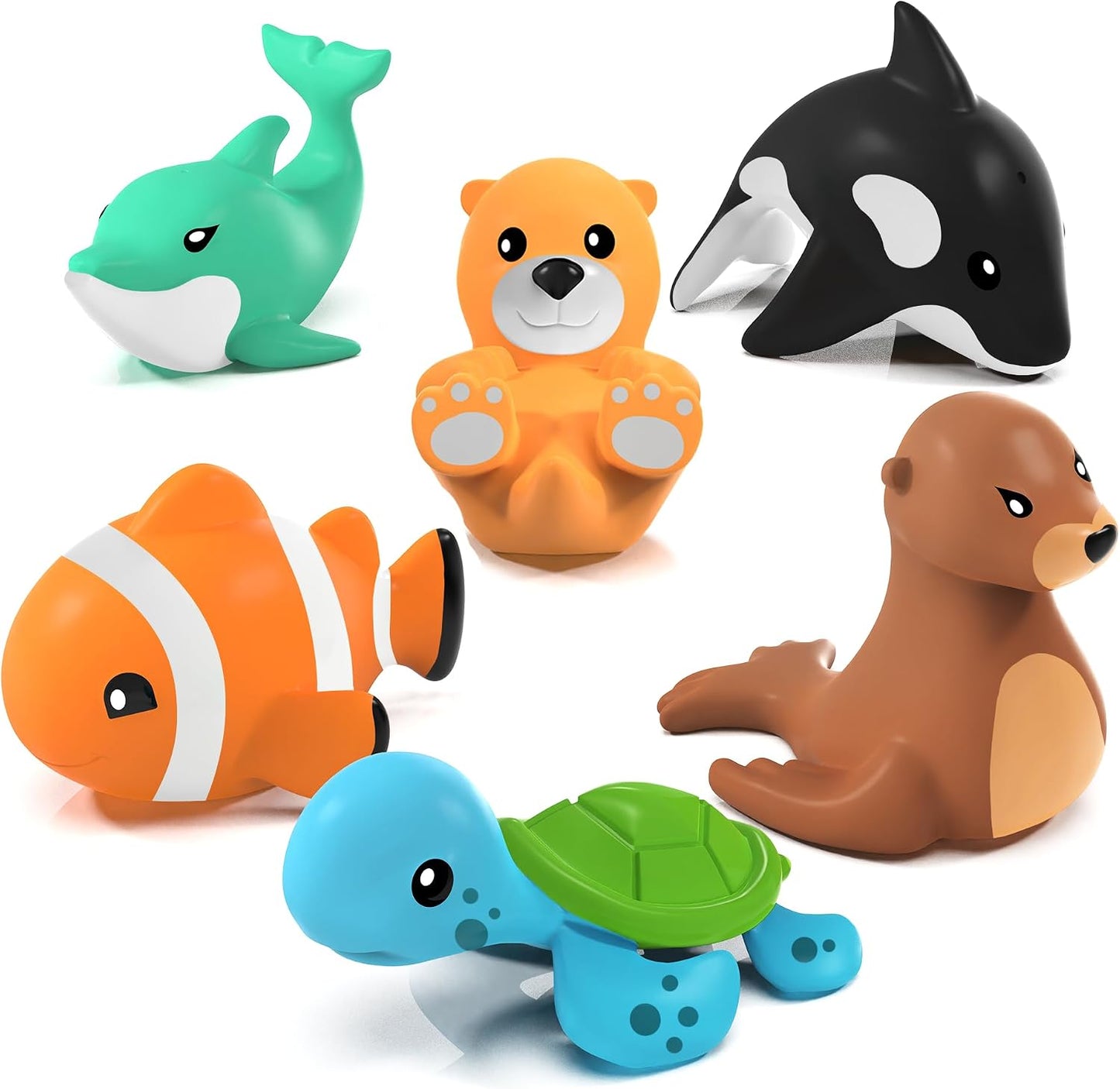 HotTub Works® Marine™ Mold Free Bath Toys, 6 Pack | Sealed, No Hole Bath Toys Design Keeps Moisture Out | Soft, Squeezable & Float on Water | Easy-Grip Baby & Toddler Bath Toy Set | Great Baby Pool Toys