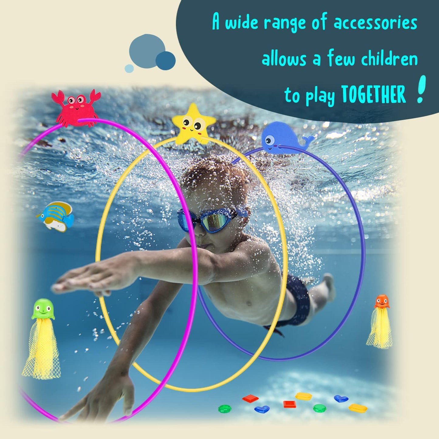 HotDAUXONE Diving Toys, 27 Pcs Pool Toys with Swim Thru Rings for Kids Age 3-12, Dive Sticks, Rings, Gem, Octopus, Torpedo, Mesh Bag Include