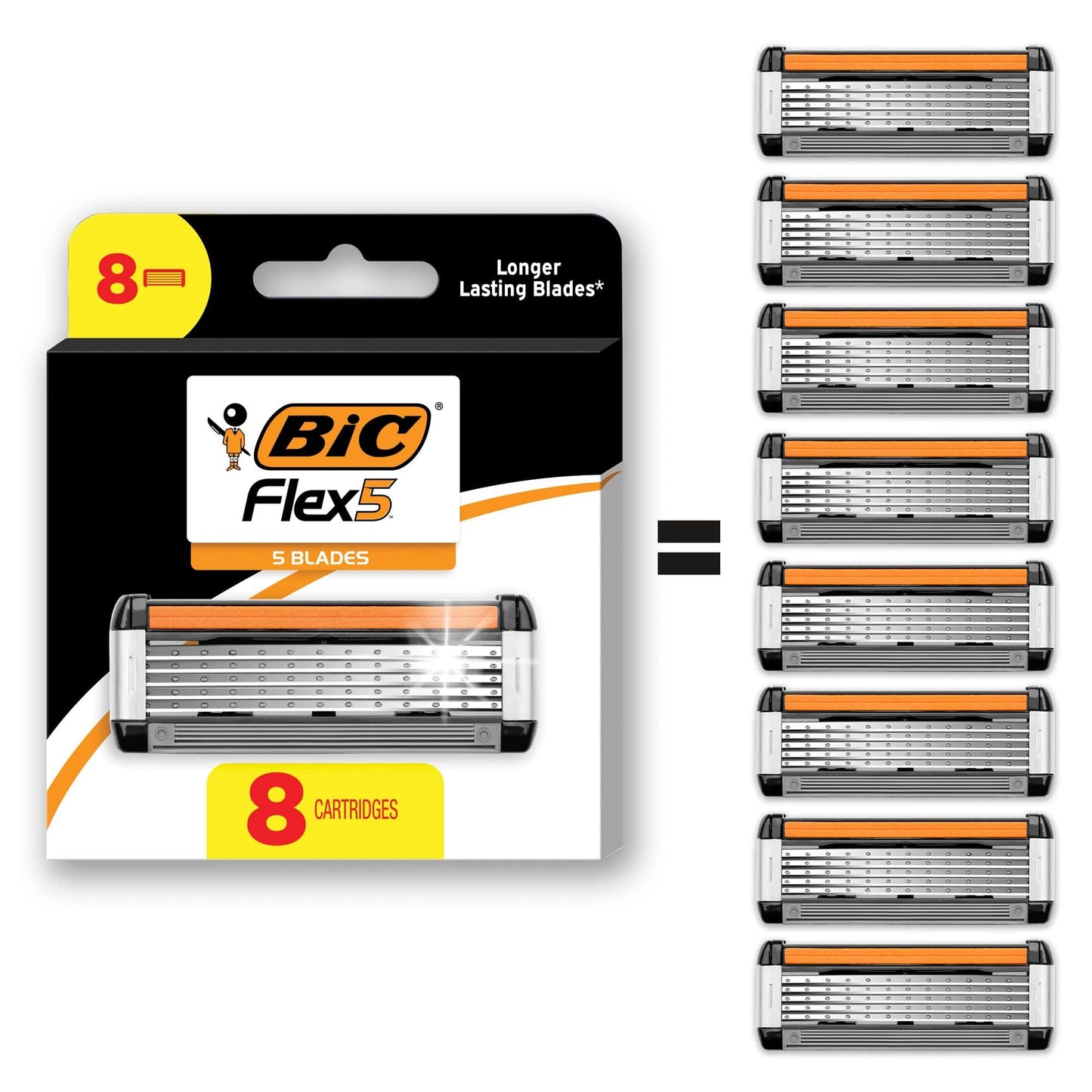 HotBIC Flex 5 Refillable Razors for Men, Long-Lasting 5 Blade Razors for a Smooth and Comfortable Shave, 1 Handle and 7 Cartridges, 8 Piece Shaving Kit