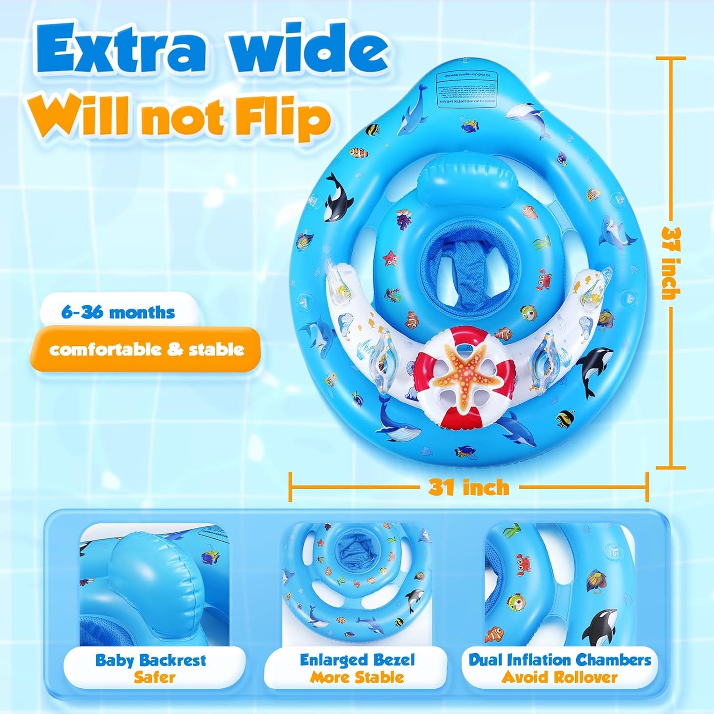 HotBaby Pool Float with Canopy UPF50+ Sun Protection, Inflatable Kids Pool Floats with Toy Play Console for Baby 6-36 Months, Infant Swimming Float with Adjustable Safety Seat for Boys Girls