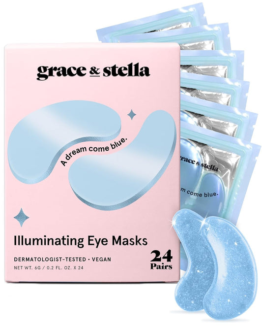 Hotgrace & stella Award Winning Under Eye Mask Reduce Dark Circles, Puffy Eyes, Undereye Bags, Wrinkles, Gel Under Eye Patches, Get Well Gifts for Women - Vegan Eye mask (24 Pairs, Blue)