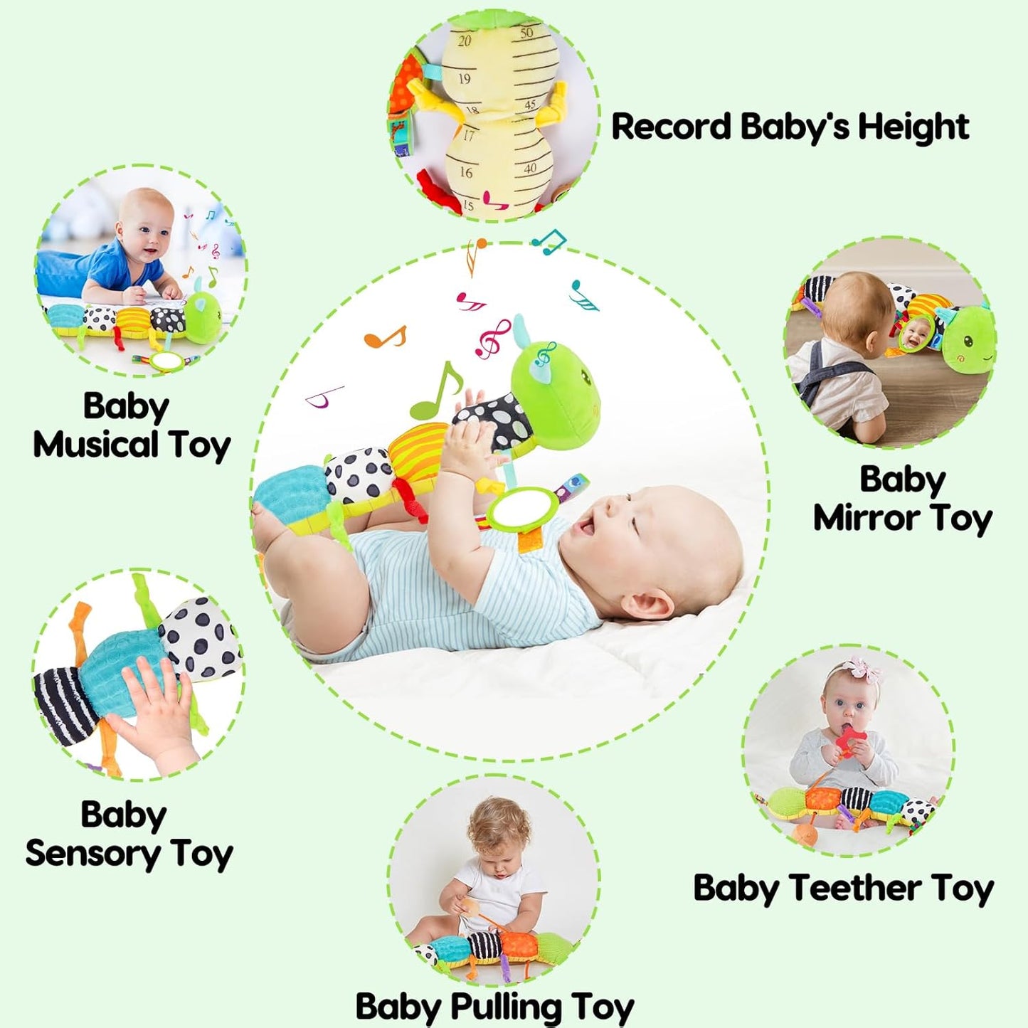 HotTopsochir Baby Sensory Toys 0-6 Months Music Animal Stuffed Plush Caterpillar Toy for Infant 0-3-6-12 Month Old Tummy Time with Mirror Crinkle Rattle Toys for Newborn Boys Girls Shower Birthday Gifts