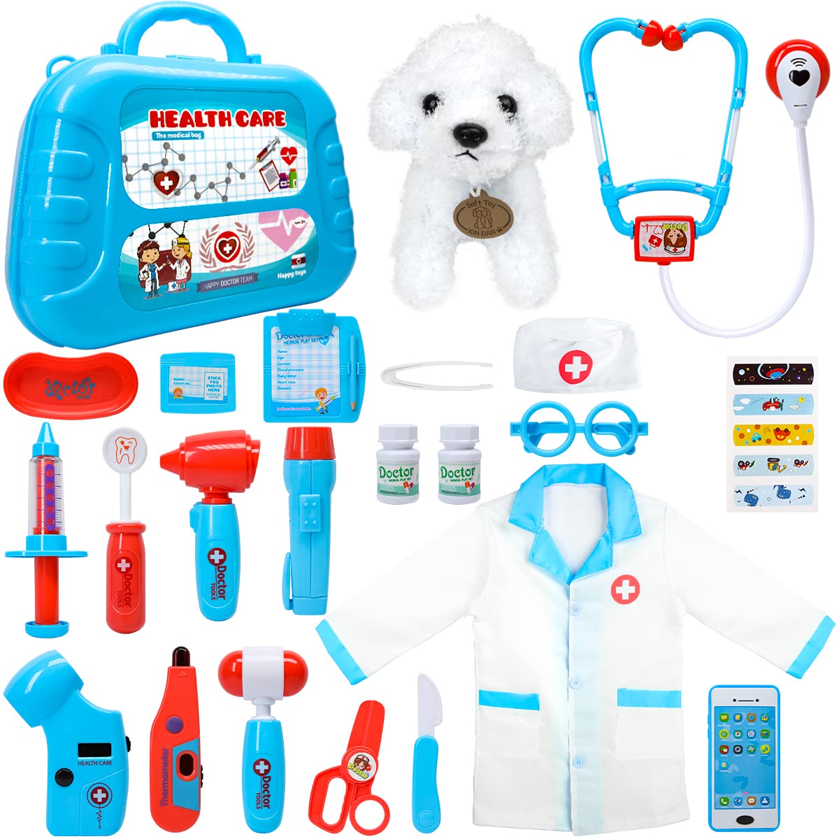 HotMeland Toy Doctor Kit for Girls, Pretend Play Toy Doctor Set with Dog , Carrying Bag, Stethoscope & Dress Up Costume Gift for Kids Toddlers Ages 3 4 5 6 Year Old for Role Play