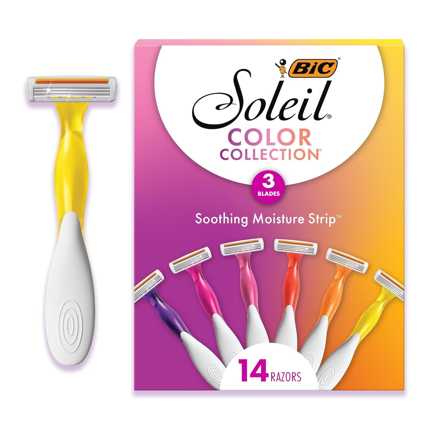 HotBIC Soleil 3 Colors Women's Disposable 3-Blade Razors, Aloe Vera Strip, College Dorm Room Essential, Shower Caddy and Toiletry Bag Ready, 14-Pack