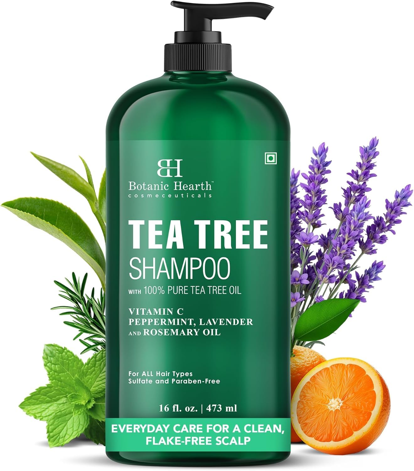 HotBotanic Hearth Tea Tree Shampoo, Vitamin C, Peppermint, Lavender and Rosemary Oil, Fights Dandruff and Dry Scalp, 16 fl oz