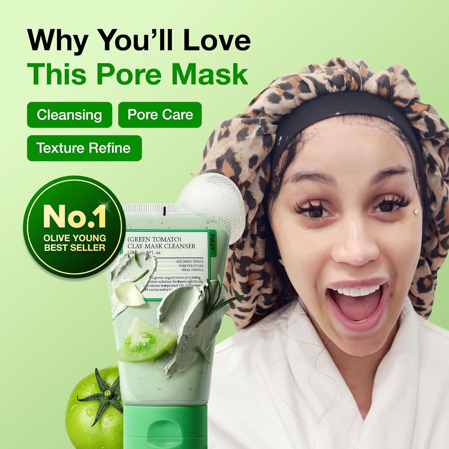 HotFULLY Green Tomato Pore Cleanser, Cardi B’s Clay Mask Cleanser for Deep Pore Cleanse & Pore Minimizer, Blackhead & Sebum Control, Gentle Face Wash for Women, Korean Skincare