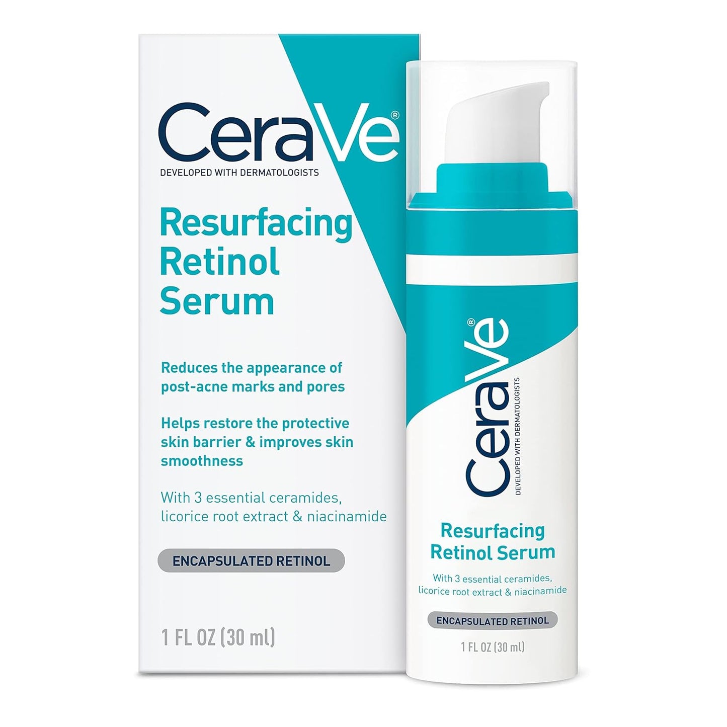 HotCeraVe Resurfacing Retinol Serum For Post Acne Marks, Formulated With Licorice Root Extract & Niacinamide, Brightening Serum & Pore Minimizer For Face, Post Acne Skin Barrier Repair, Non-Comedogenic