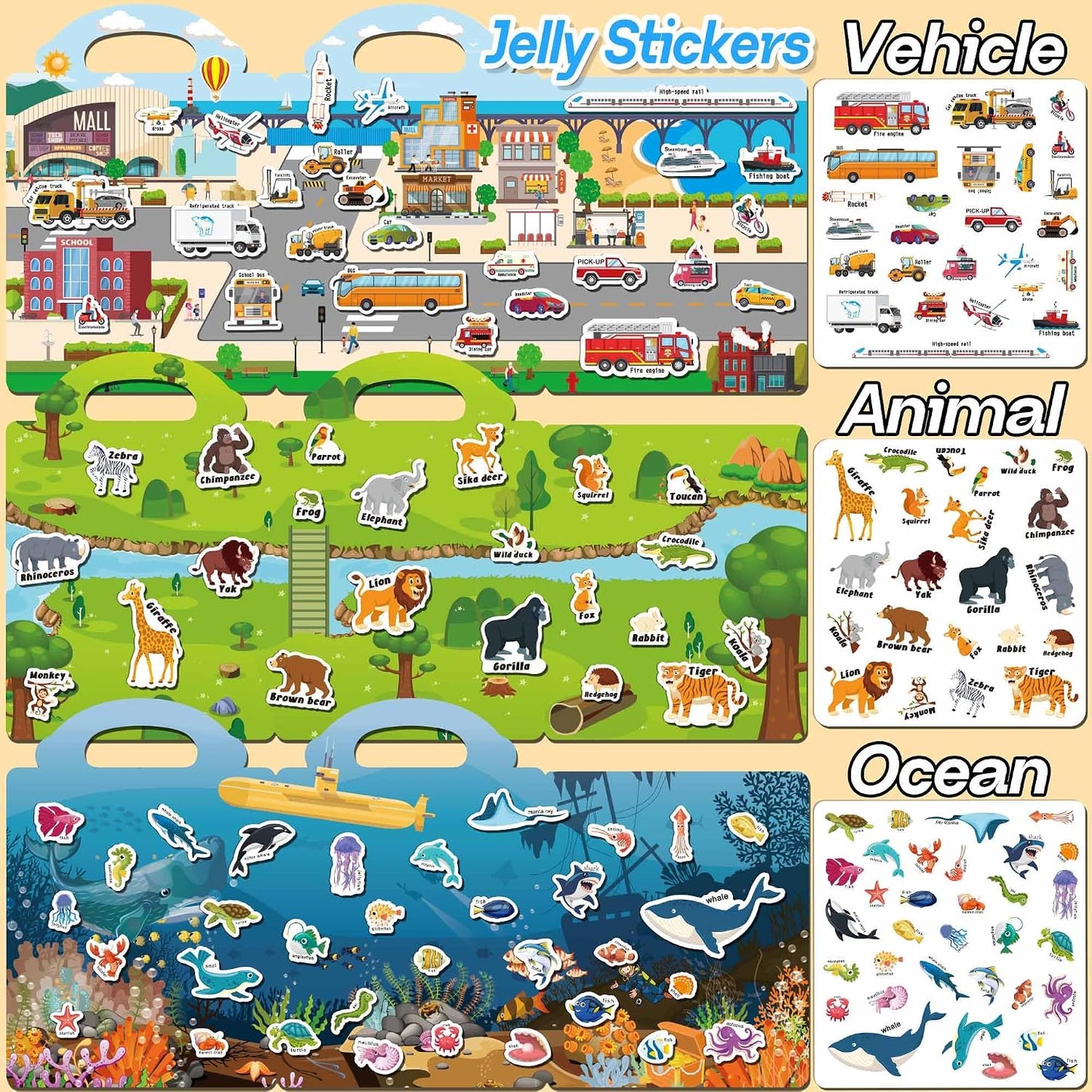HotiGetooy 6 Sets Reusable Sticker Book for Toddlers 1-3, Jelly Sticker Books for Toddlers 2-4 Years, Toddler Travel Toys for Kids 2 3 4 Year Old Girls Boys