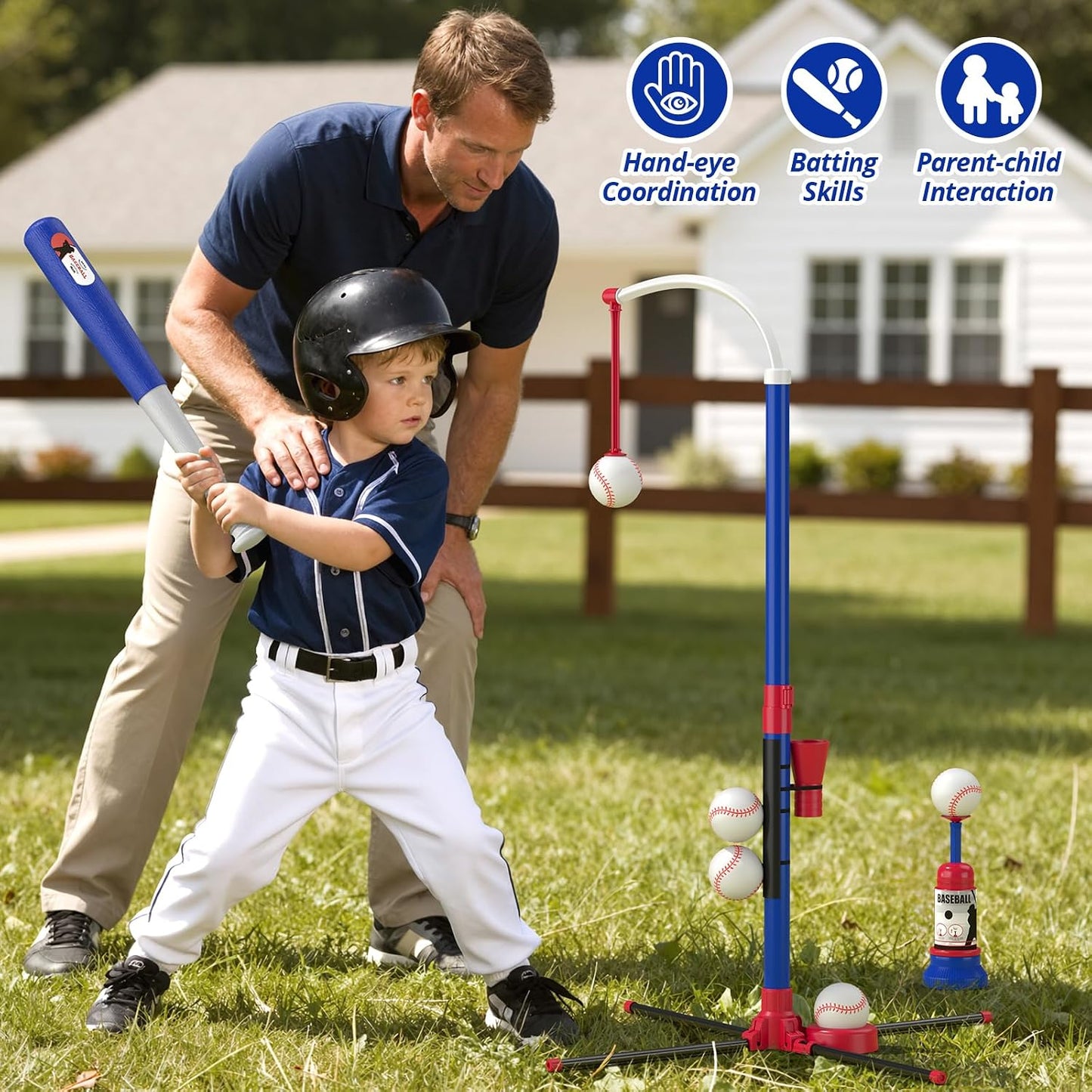 HotHYES 3-in-1 Baseball Set for Kids 3-5 - Tee Ball Stand, Hanging Tee, Ball Launcher and 6 Softballs - Adjustable Height, Indoor/Outdoor Sport Gifts for Boys Girls