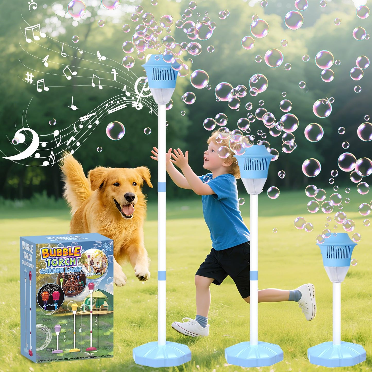 HotInfowush Bubble Machine for Kids, Automatic Standing Bubble Maker Machine Height Adjustable Up to 47 Inches Outdoor Battery Bubble Machine with Light/Music for Toddlers Birthday Party Gifts（Blue）