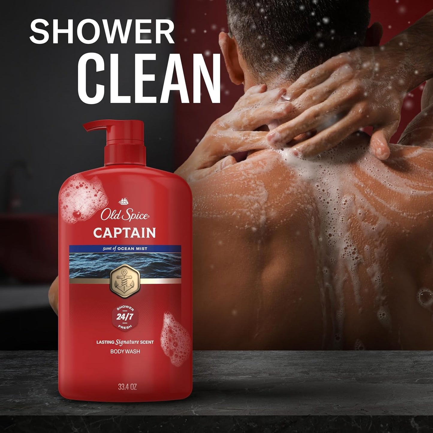 HotOld Spice Refreshing Body Wash for Men, 3X Defense, 24/7 Shower Fresh with Long Lasting Scent, Red Collection, Captain with Bergamot Scent, 33.4 oz