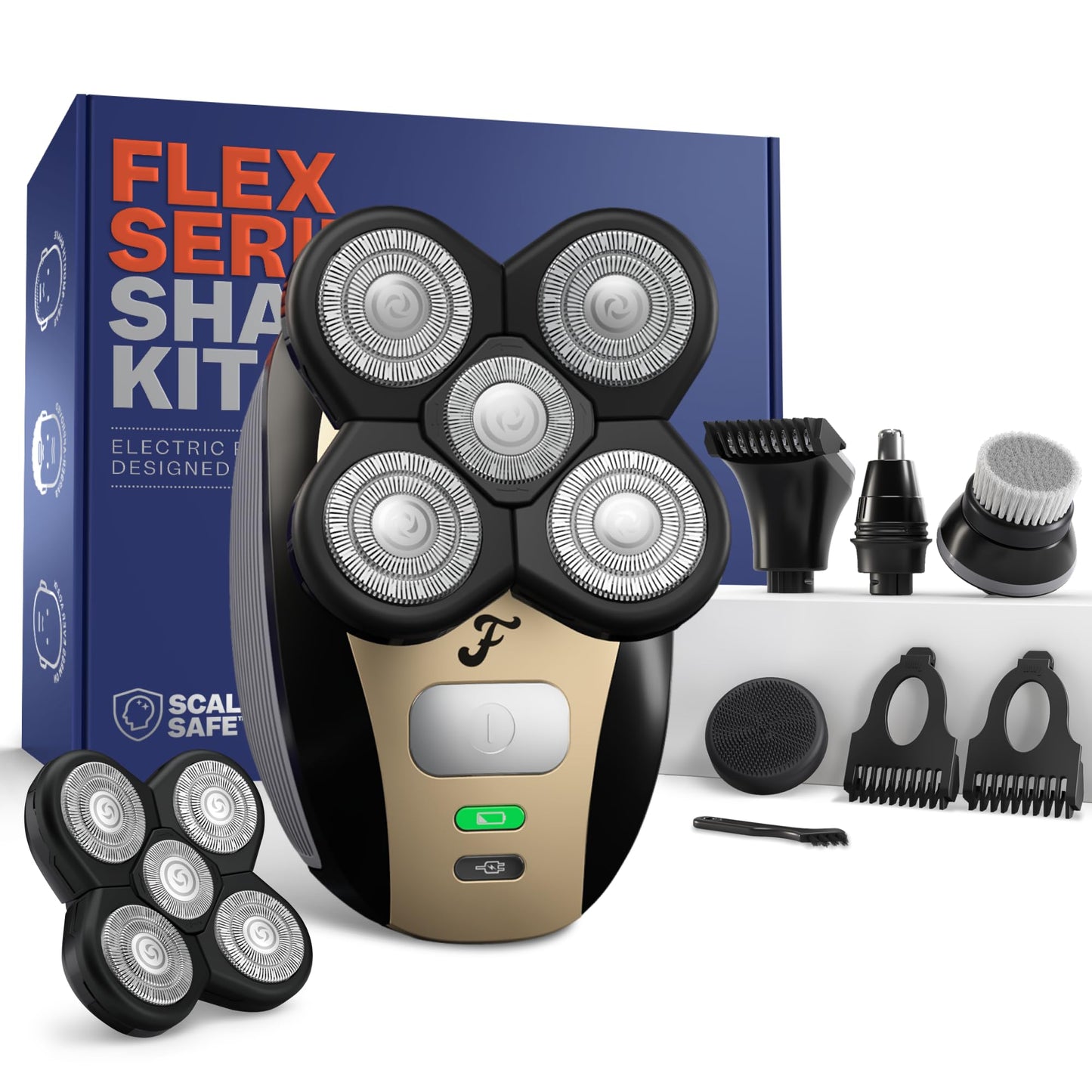 HotFreebird FlexSeries Electric Head & Body Hair Shaver - Mens Cordless Rechargeable Wet/Dry Skull Bald Head Back & Groin Waterproof Razor with Rotary Blades, Clippers, Nose Trimmer, Brush, Massager