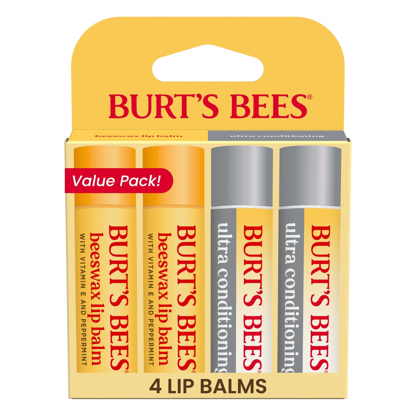 HotBurt's Bees Lip Balm, Moisturizing Lip Care, 100 Percent Natural Origin, Ultra Conditioning with Shea, Cocoa and Kokum Butter, 0.15 oz., Four Tubes
