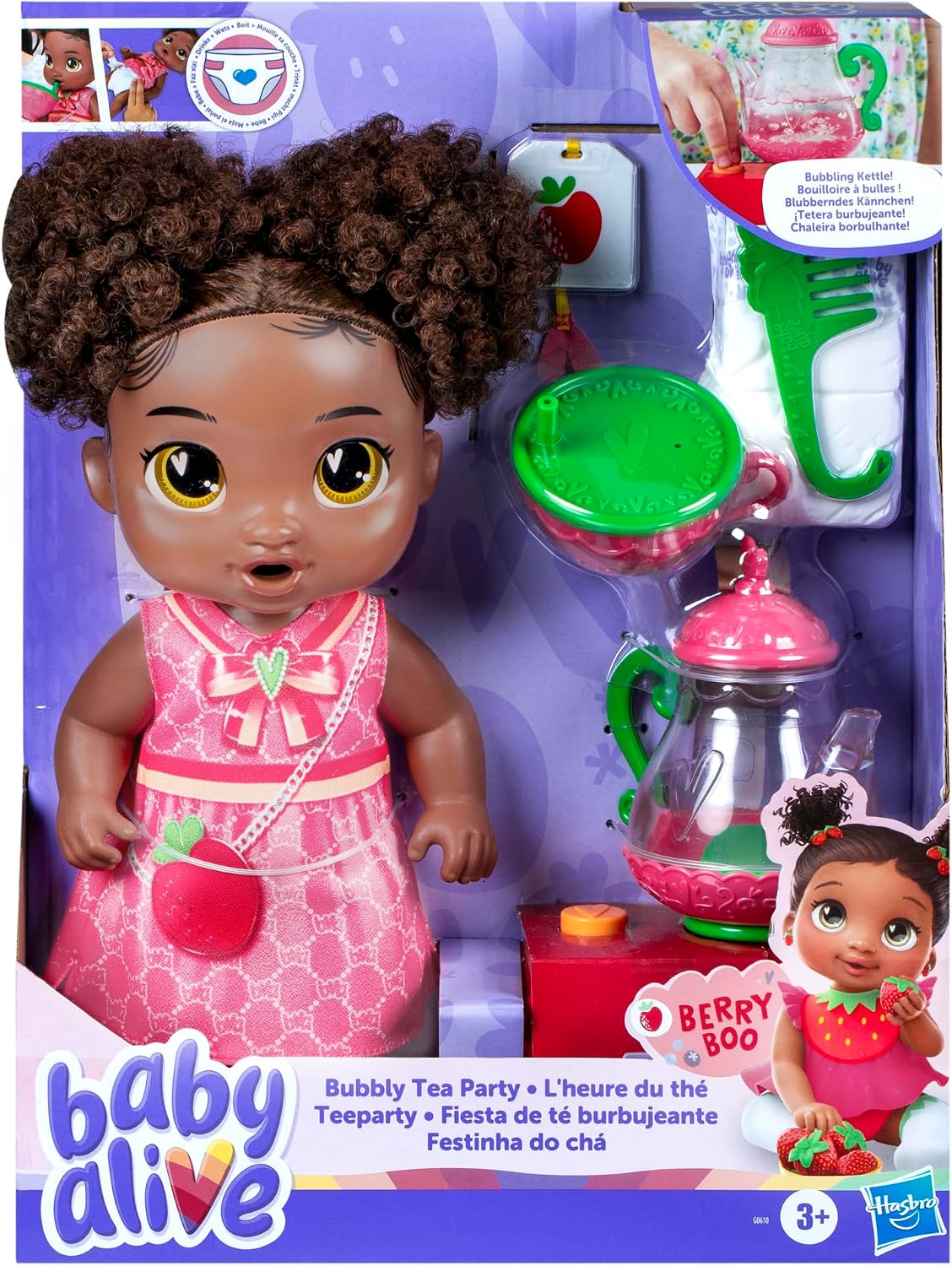 Hot Baby Alive Bubbly Tea Party Berry Boo Doll with Teapot Accessories, Black Hair, 11 Inches, Toys for 3 Year Old Girls and Boys & Up