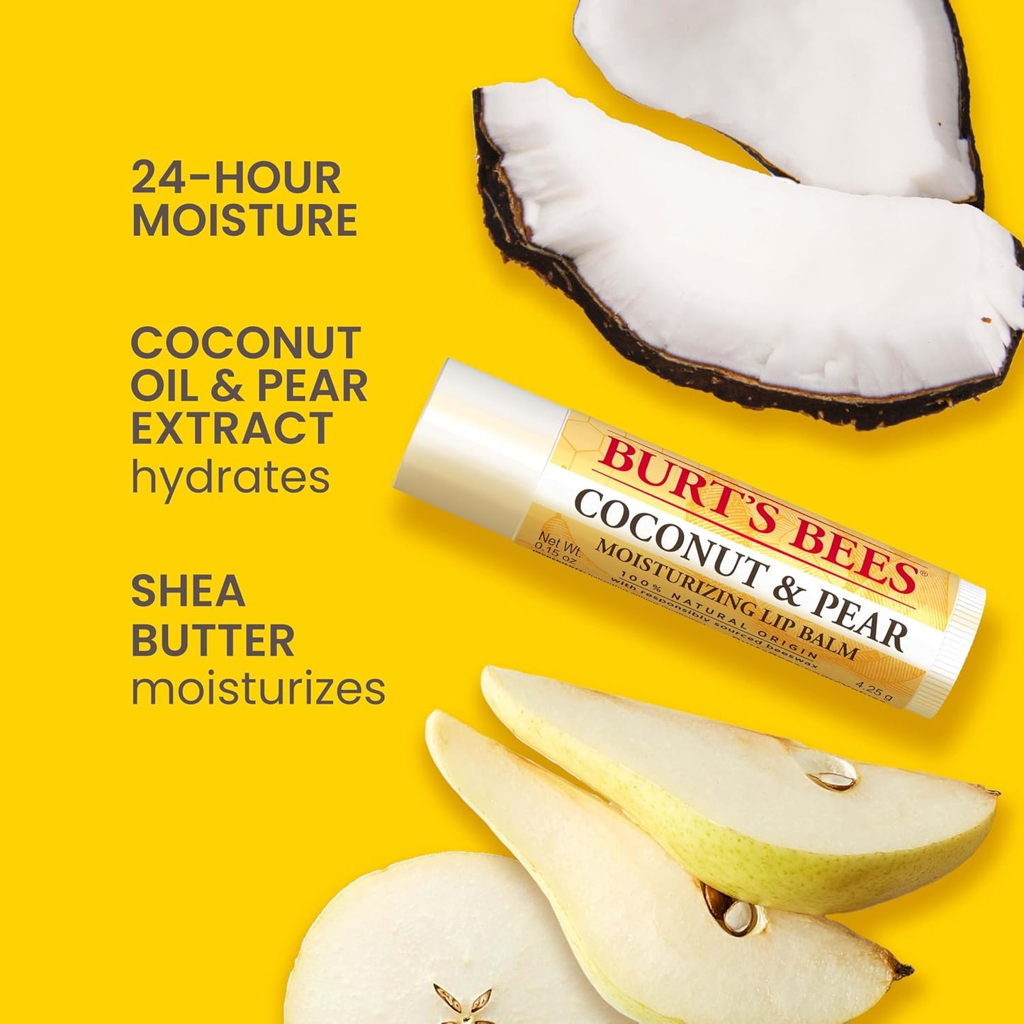 HotBurt's Bees Lip Balm, Beeswax, Strawberry, Coconut and Pear, and Vanilla Bean Pack, With Responsibly Sourced Beeswax, Tint-Free, Natural Lip Treatment, 0.15 oz., Four Tubes