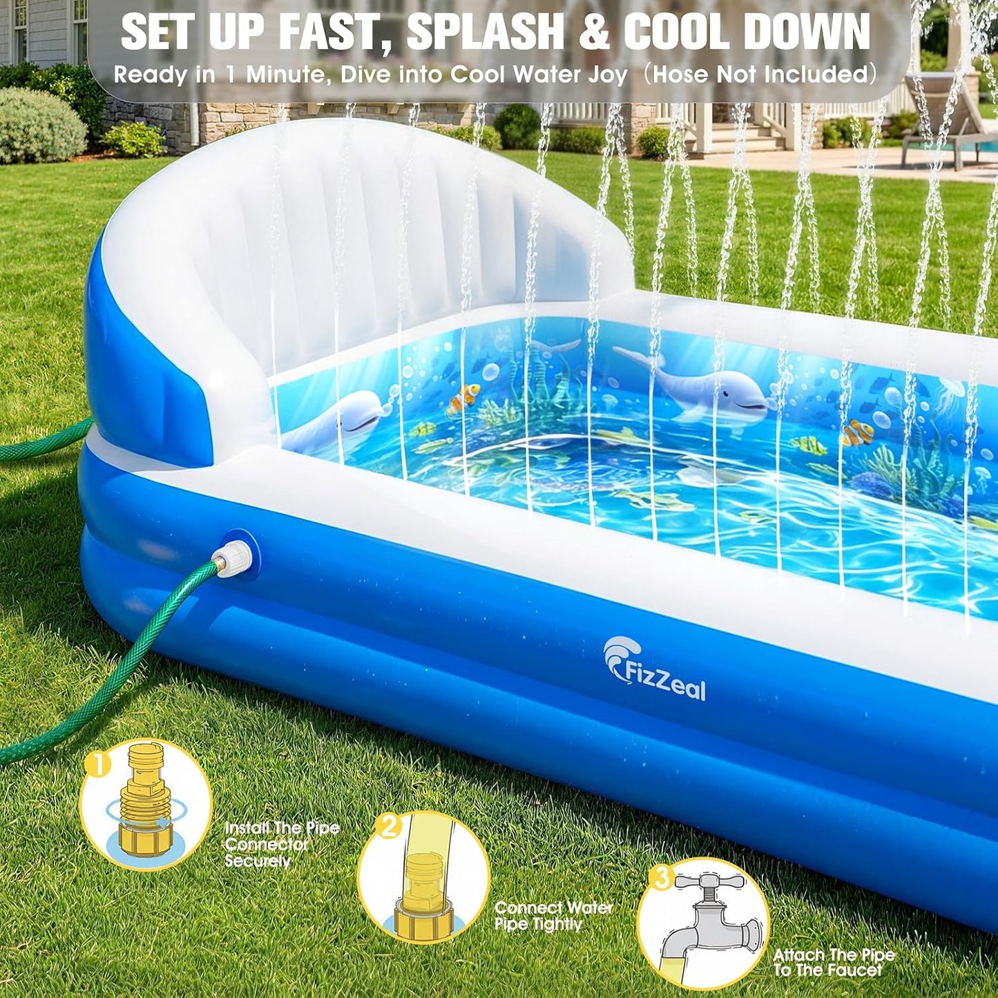 Hot FizZeal Kiddies Pool,Inflatable Pool with Sprinkler,Inflatable Pools with Big Backrest for Toddlers,Rectangle Kids Pool Backyard,Kids Swimming Pool,Small Inflatable Pool, Outdoor Water Pool for Kids