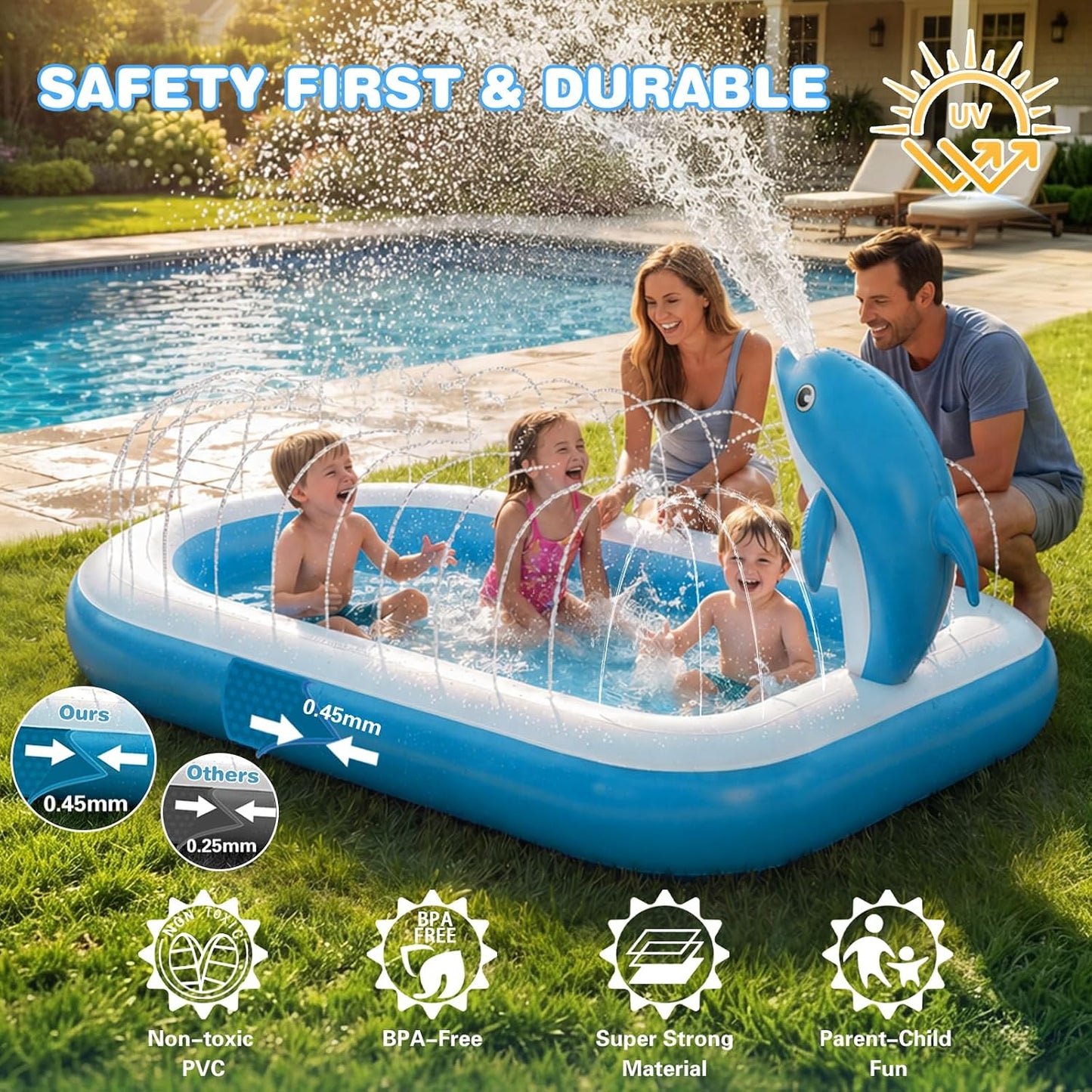 HotSplash Pads for Toddlers 1-3, Dolphin Toy Sprinkler for Kids, Outdoor Play Mat for Babies, 68" Backyard Inflatable Kiddie Pool, Splash Pad for Kids Ages 4-8, Birthday Gifts for 1 Year Old Boy Girl