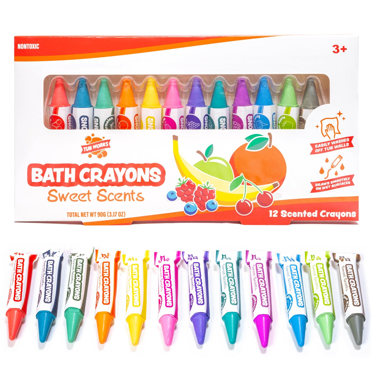 HotTub Works® Smooth™ Bath Crayons Bath Toy, 12 Pack | Nontoxic, Washable Bath Crayons for Toddlers & Kids | Unique Formula Draws Smoothly & Vividly on Wet & Dry Tub Walls | Hexagon Grip Bathtub Crayons