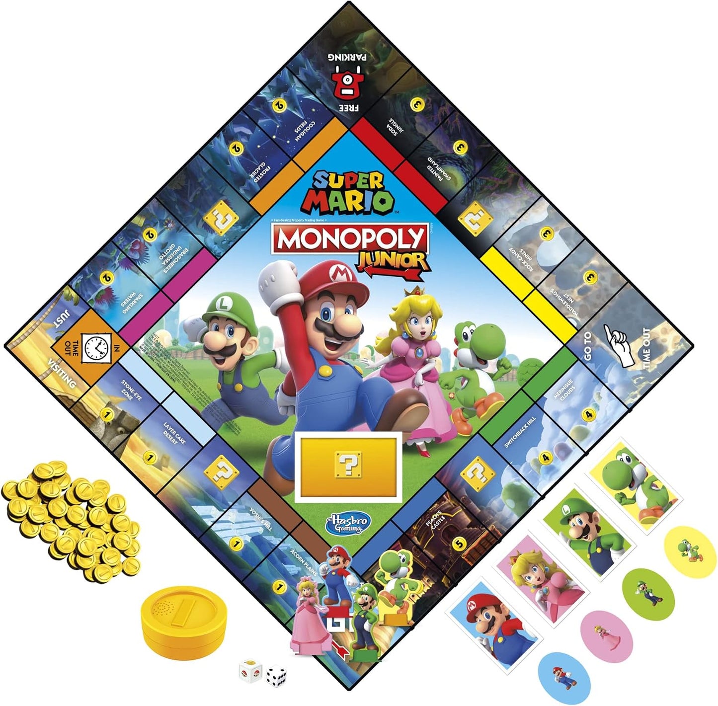 HotMonopoly Junior Super Mario Edition Board Game, Fun Kids' Ages 5 and Up, Explore The Mushroom Kingdom as Mario, Peach, Yoshi, or Luigi (Amazon Exclusive)